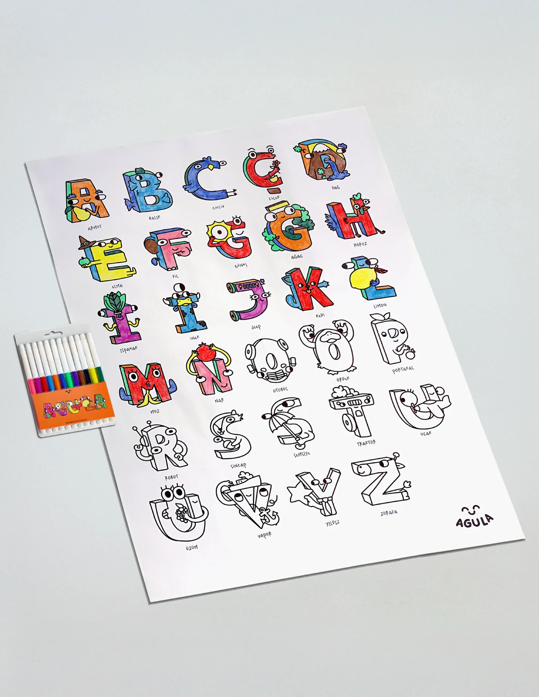 Dev Boyama Posteri -12'li Renkli Boyama Kalem Hediyeli