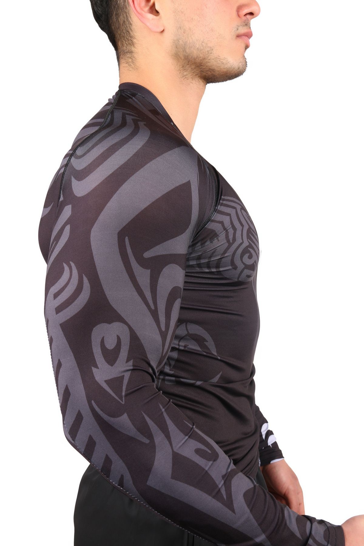 Uzun Kollu Premium Compression Kol Detaylı Özel Kumaş Erkek Spor Antrenman Tişörtü Siyah Tshirt