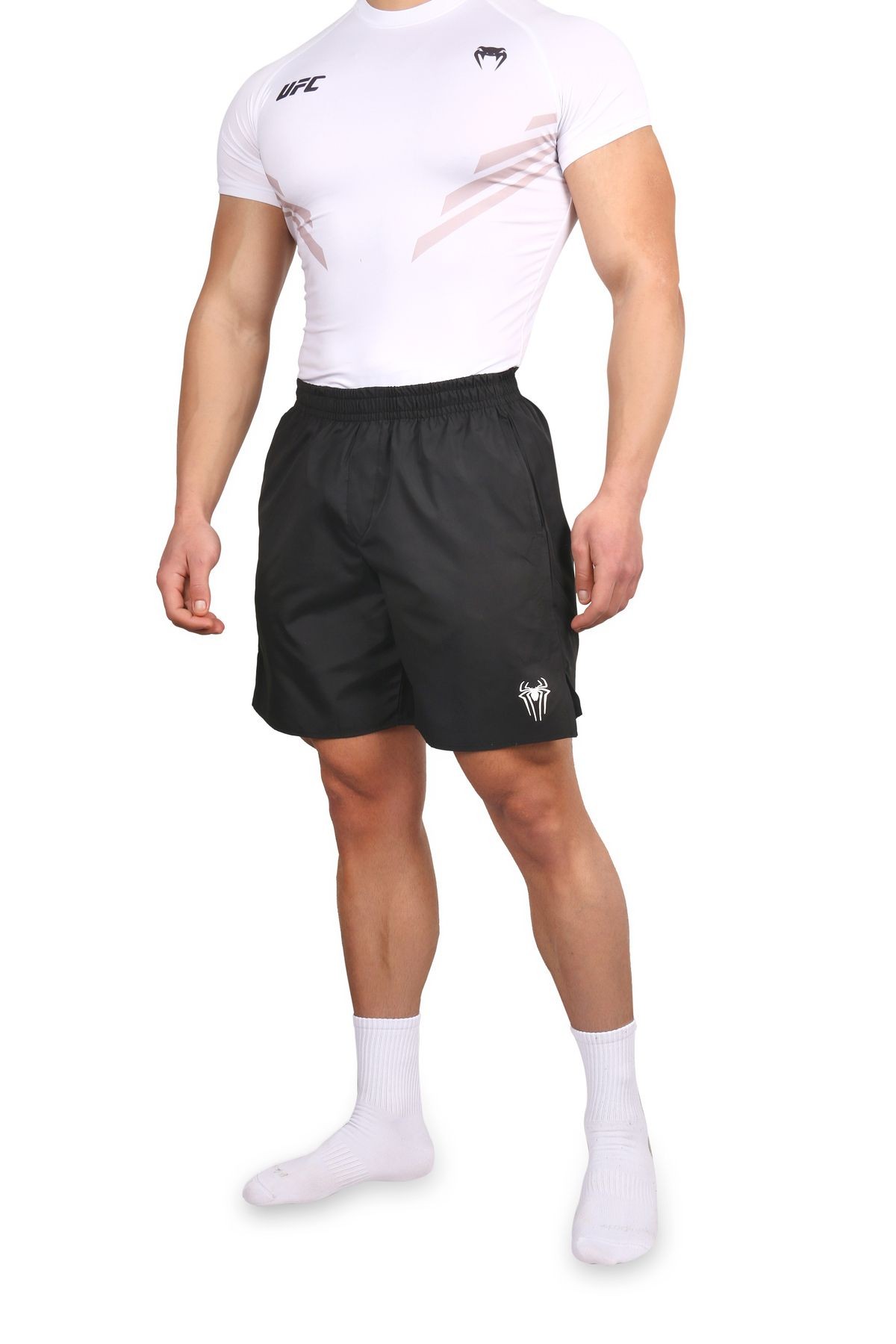 Örümcek Baskılı Premium Antrenman Şortu Özel Kumaş Erkek Spor Cepli Fitness Siyah