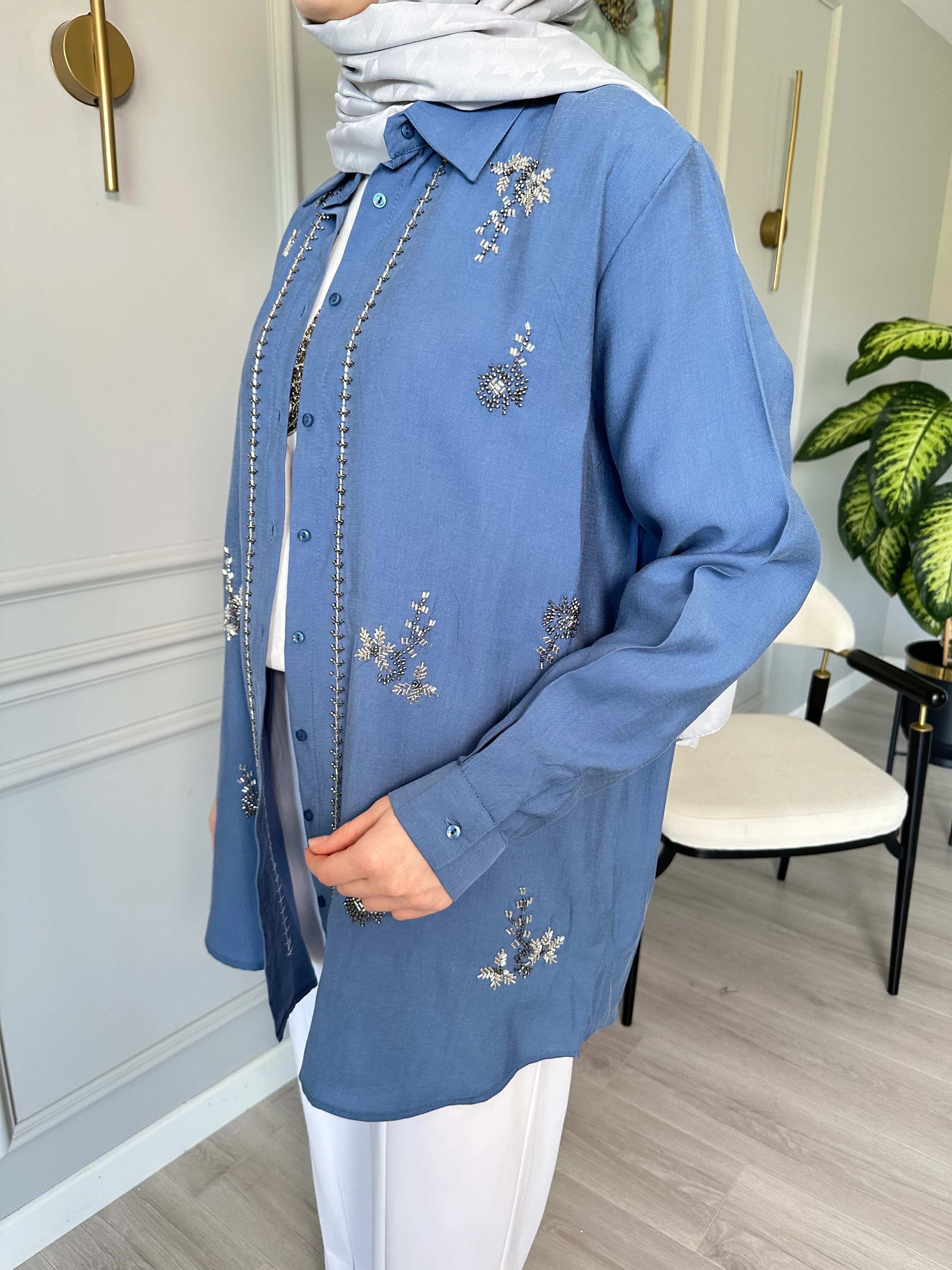 Taşlı Tensel Kumaş Gömlek ve Pantolon İkili Set