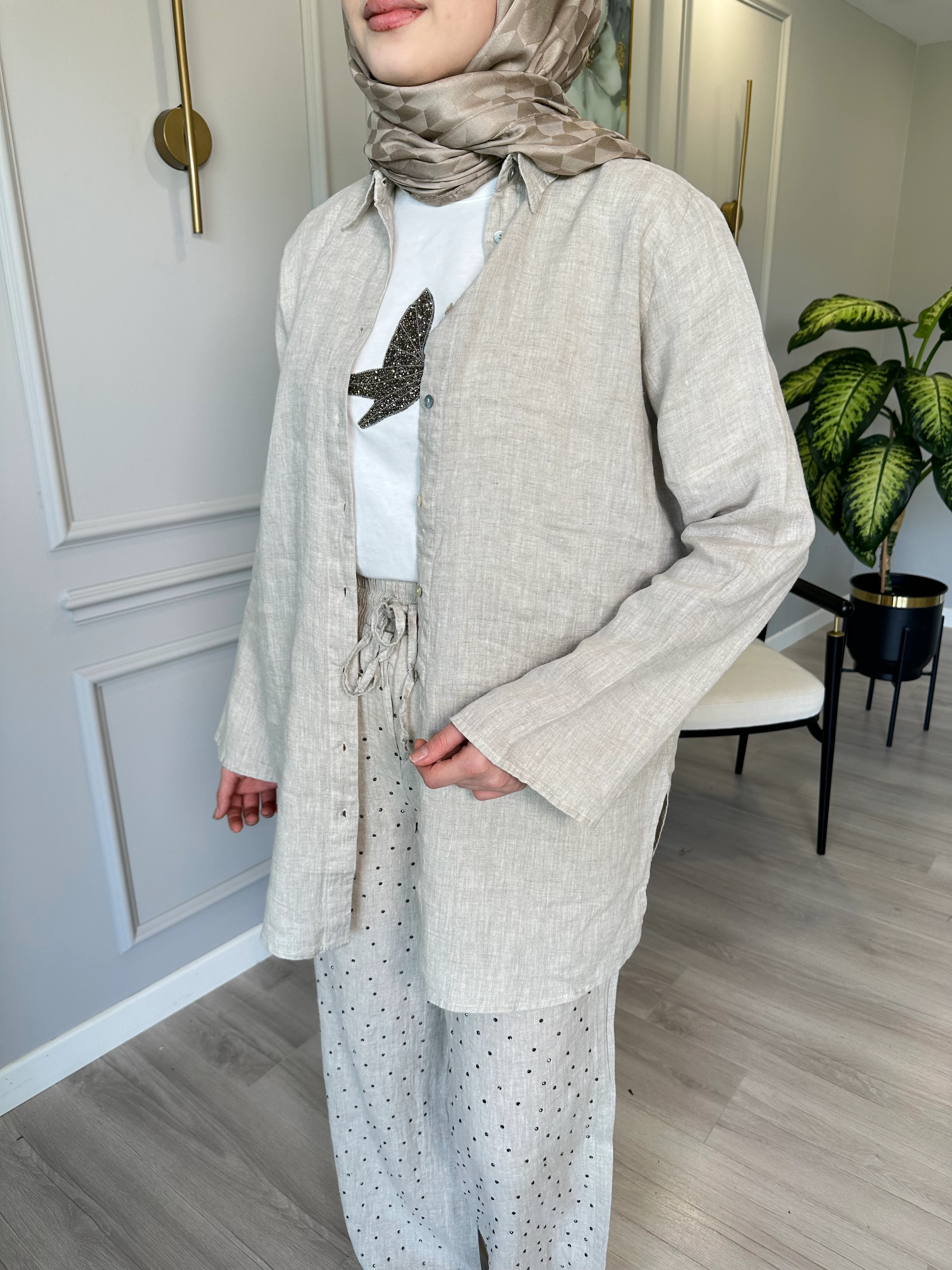 Taşlı Keten Bej Pantolon - Cepli, Beli Lastikli ve İpli