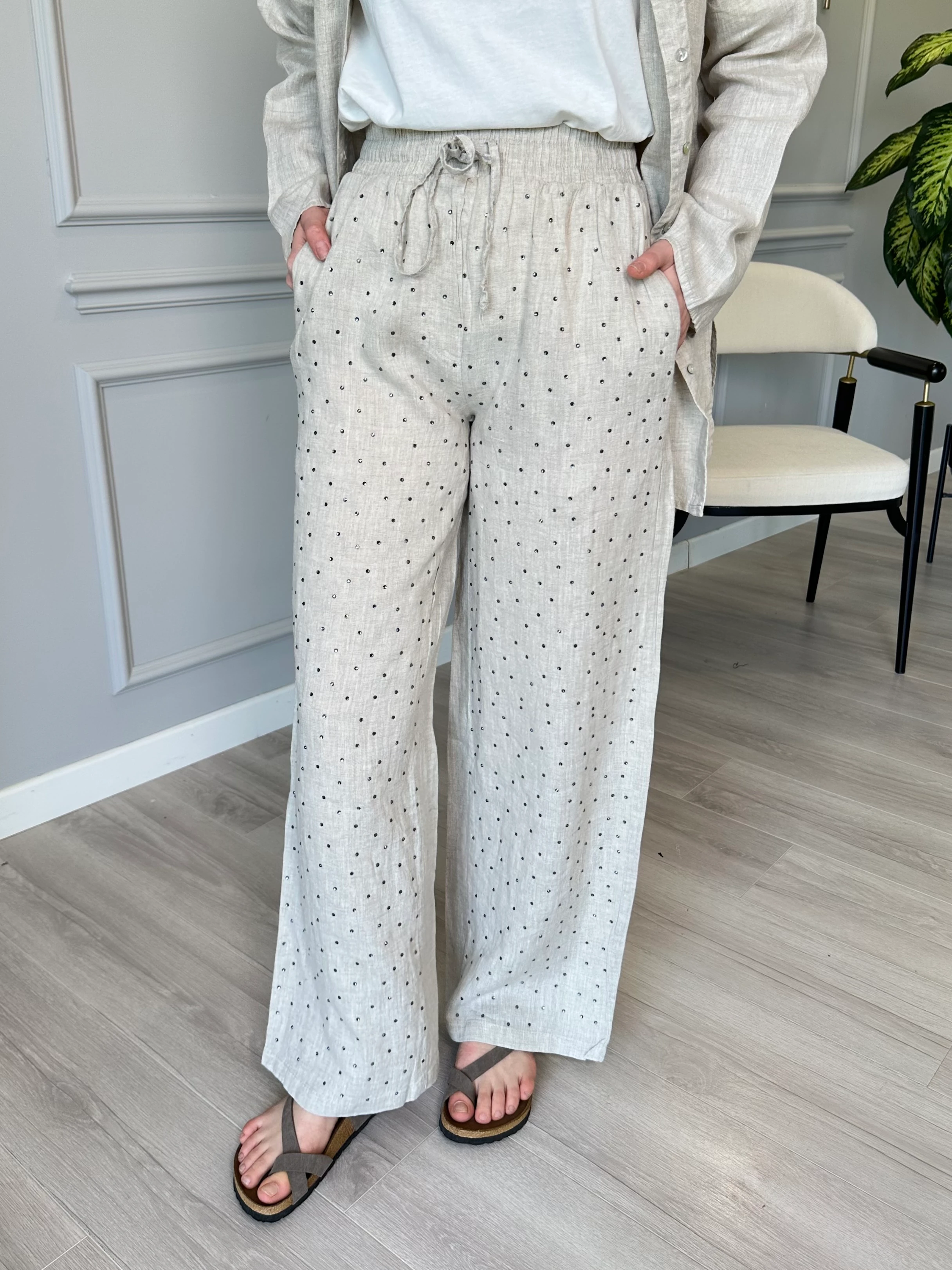 Taşlı Keten Bej Pantolon - Cepli, Beli Lastikli ve İpli