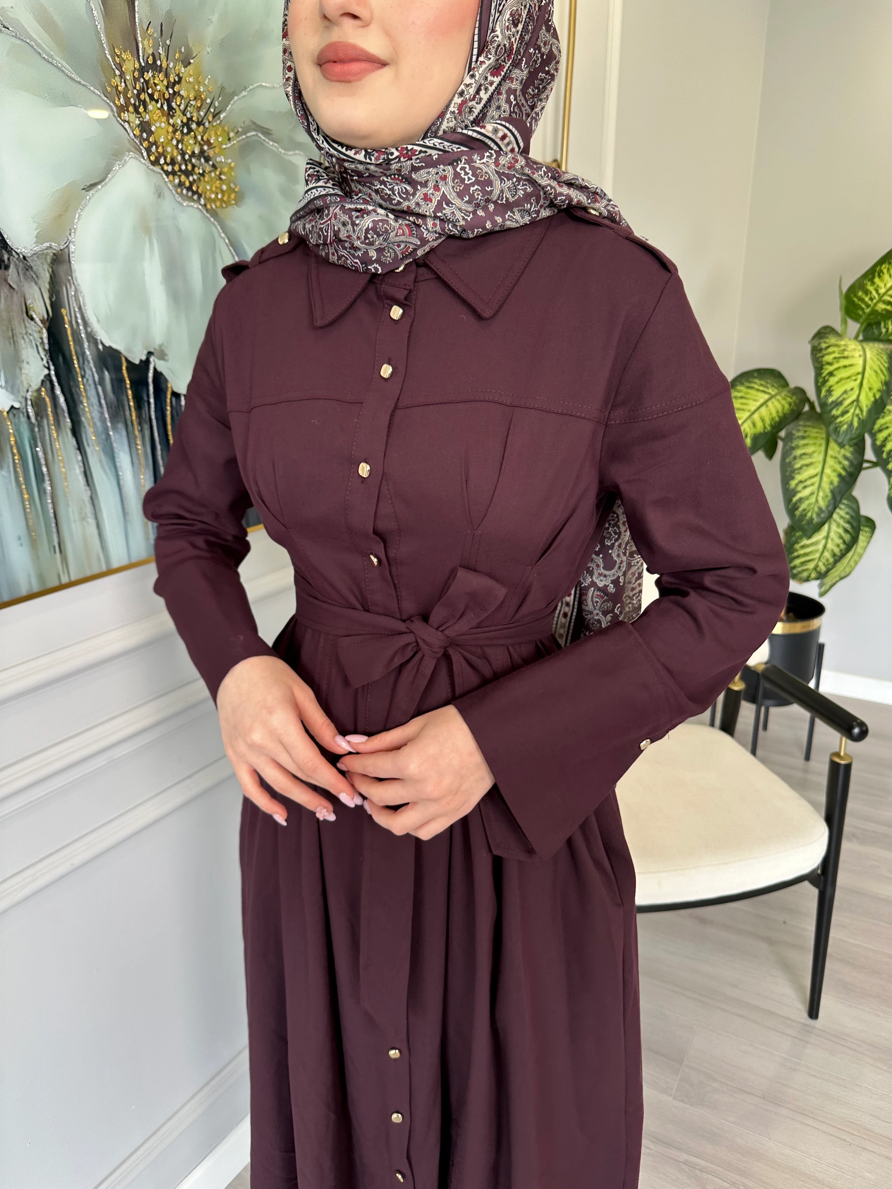 Esnek Pamuk Keten Apoletli Gold Düğmeli Kemerli Elbise