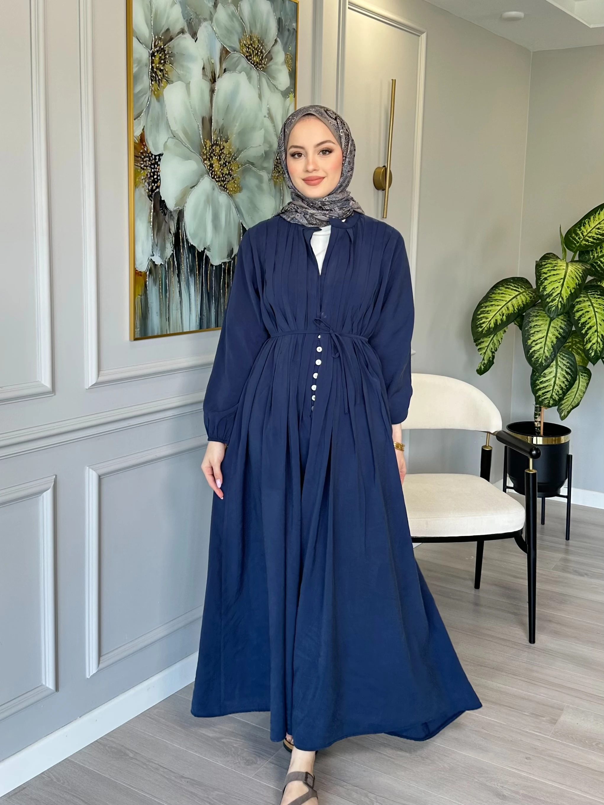 Rahat Kalıp Düğmeli Seyyar Kemerli Elbise - Lacivert