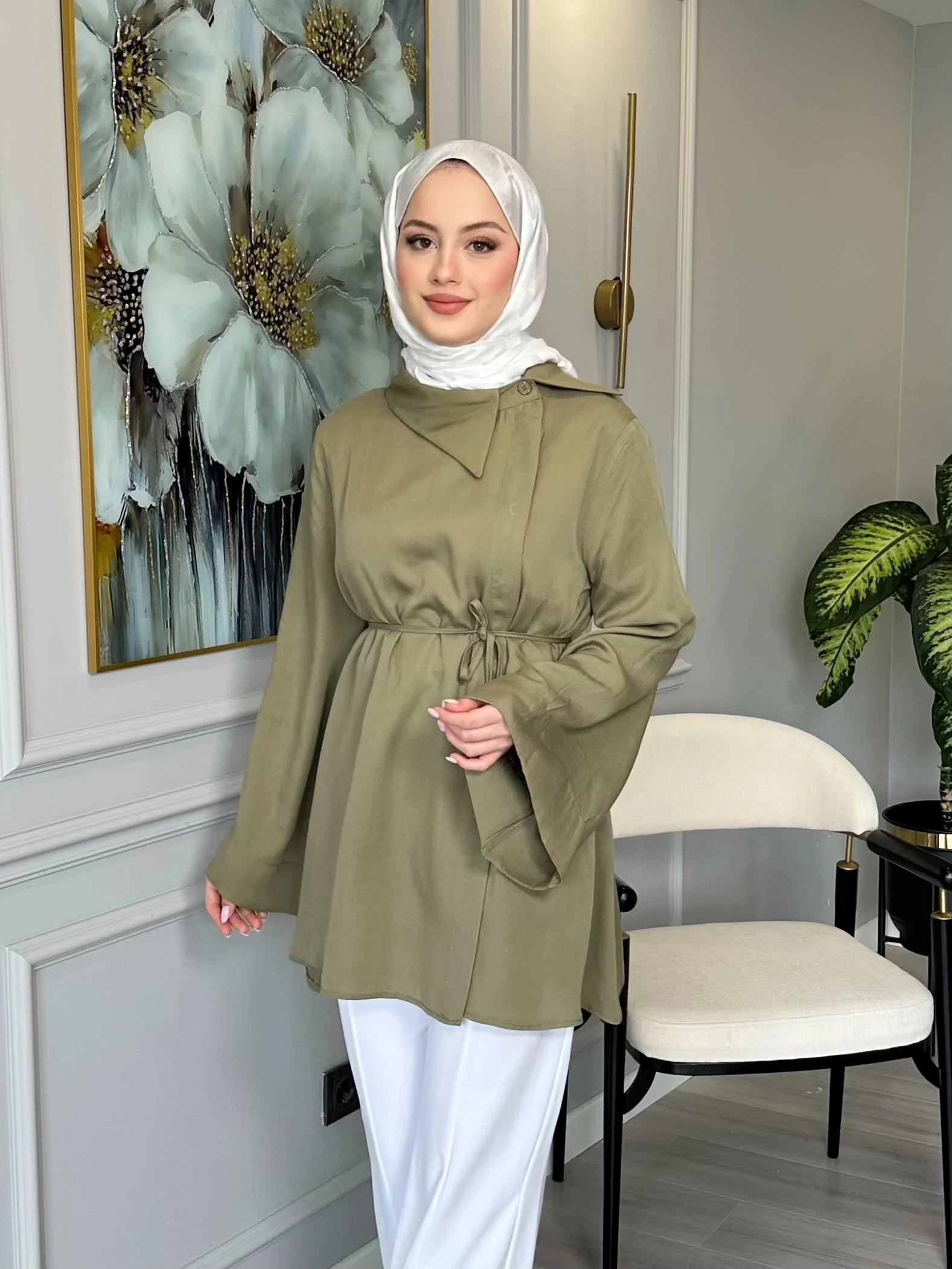 Yaka Detaylı Salaş Tunik - Haki