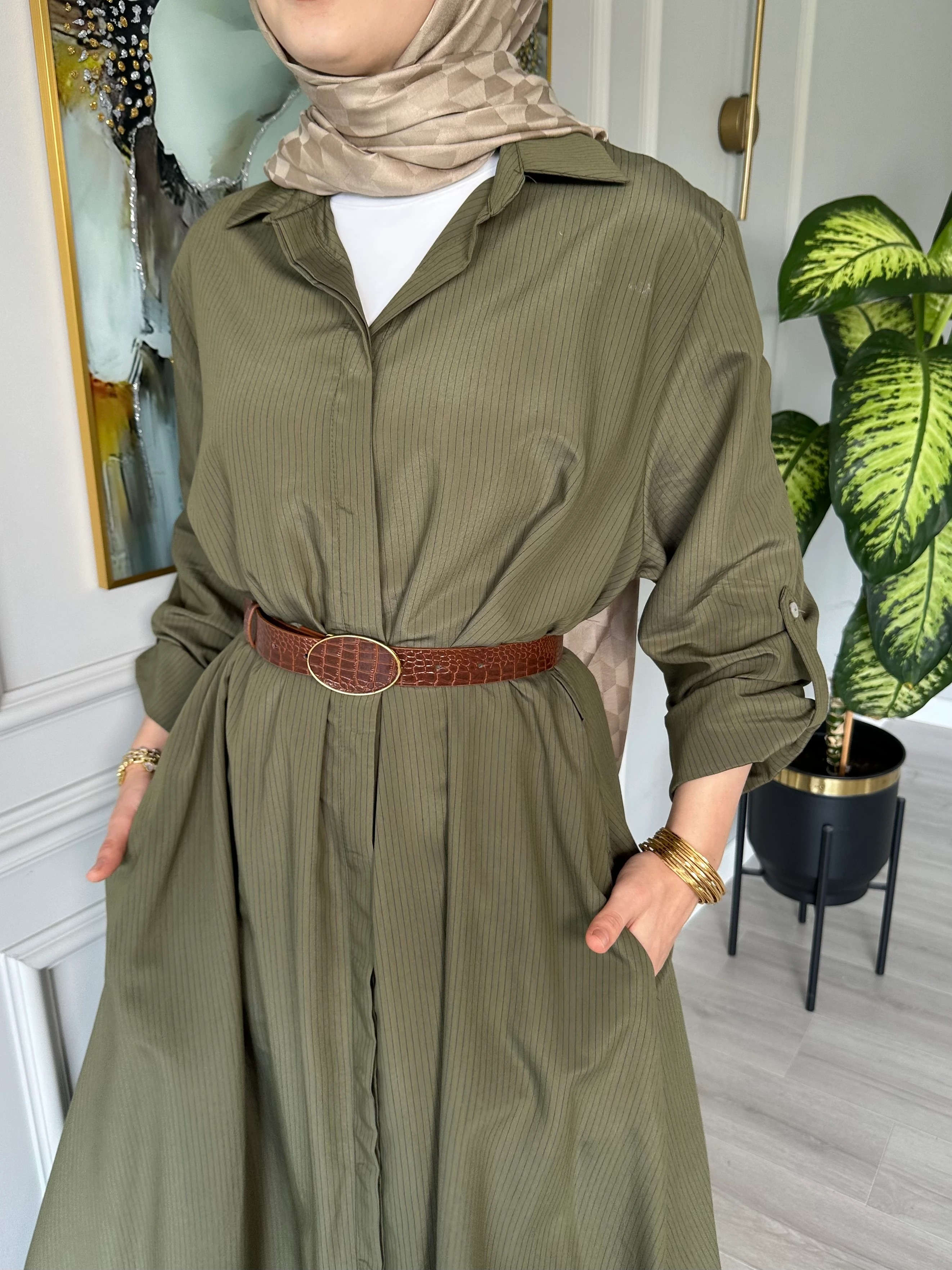 Kemerli Çizgili Elbise Haki