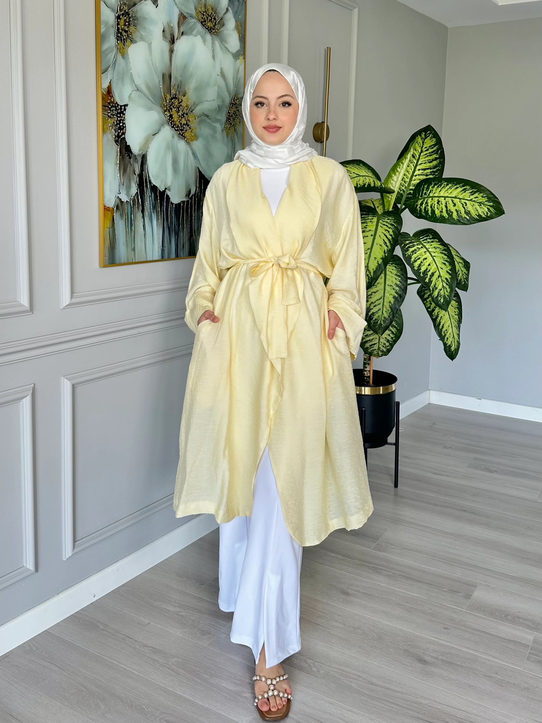 Seyyar Kemerli Pamuk Vual Kimono - Sarı