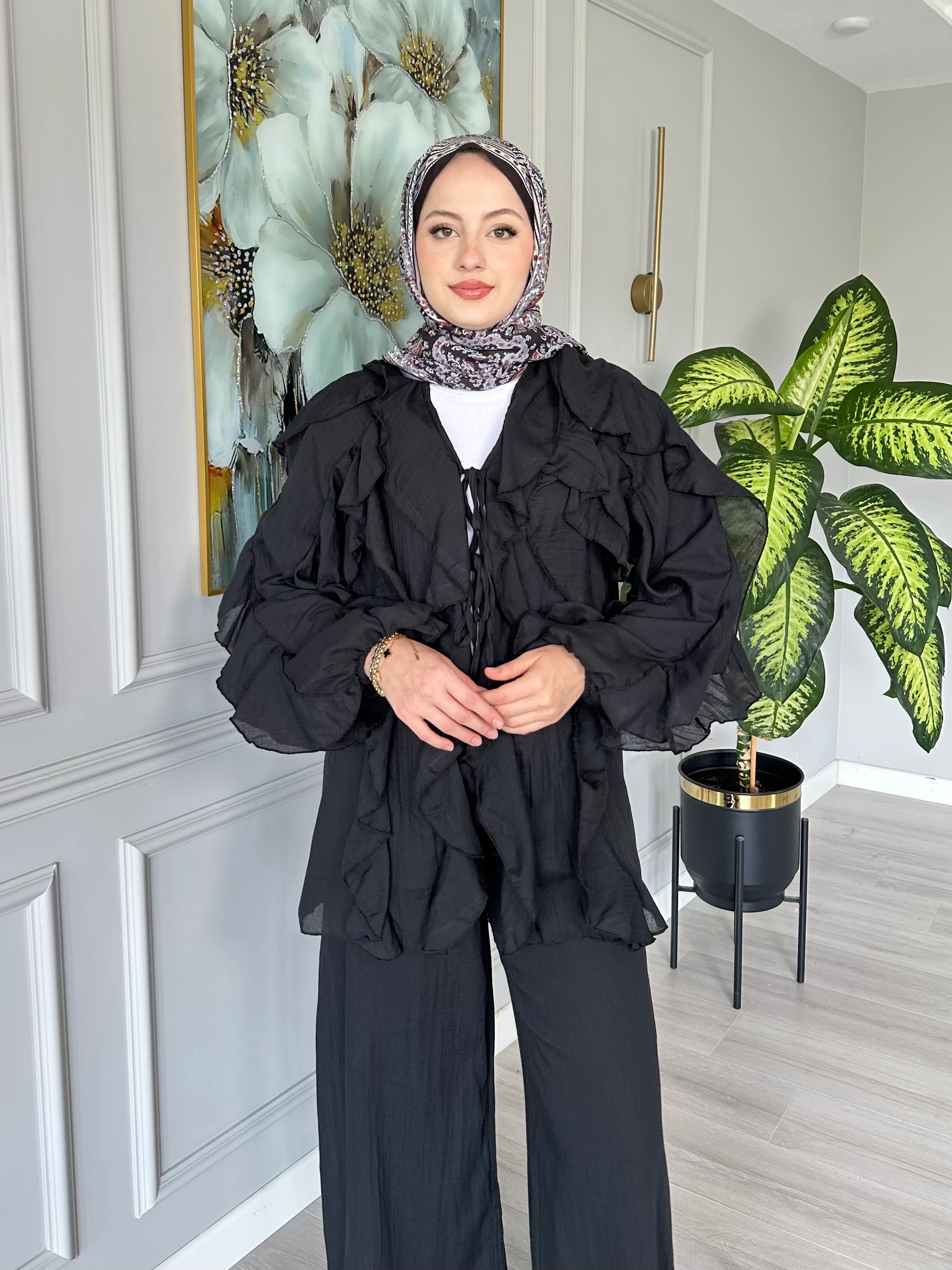 Pamuk Vual Fırfırlı Takım Siyah