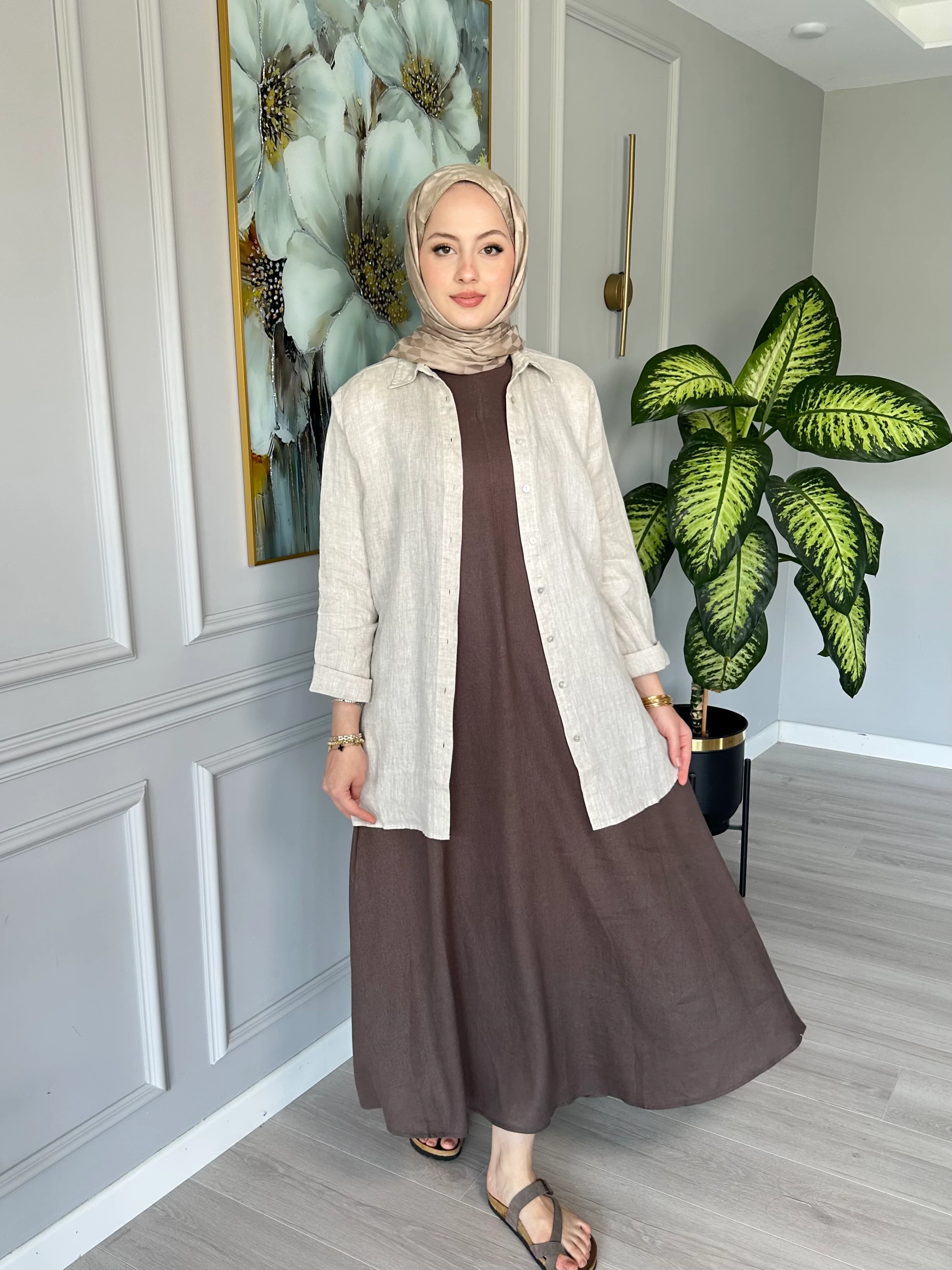 Keten Kolsuz Elbise - Kahverengi