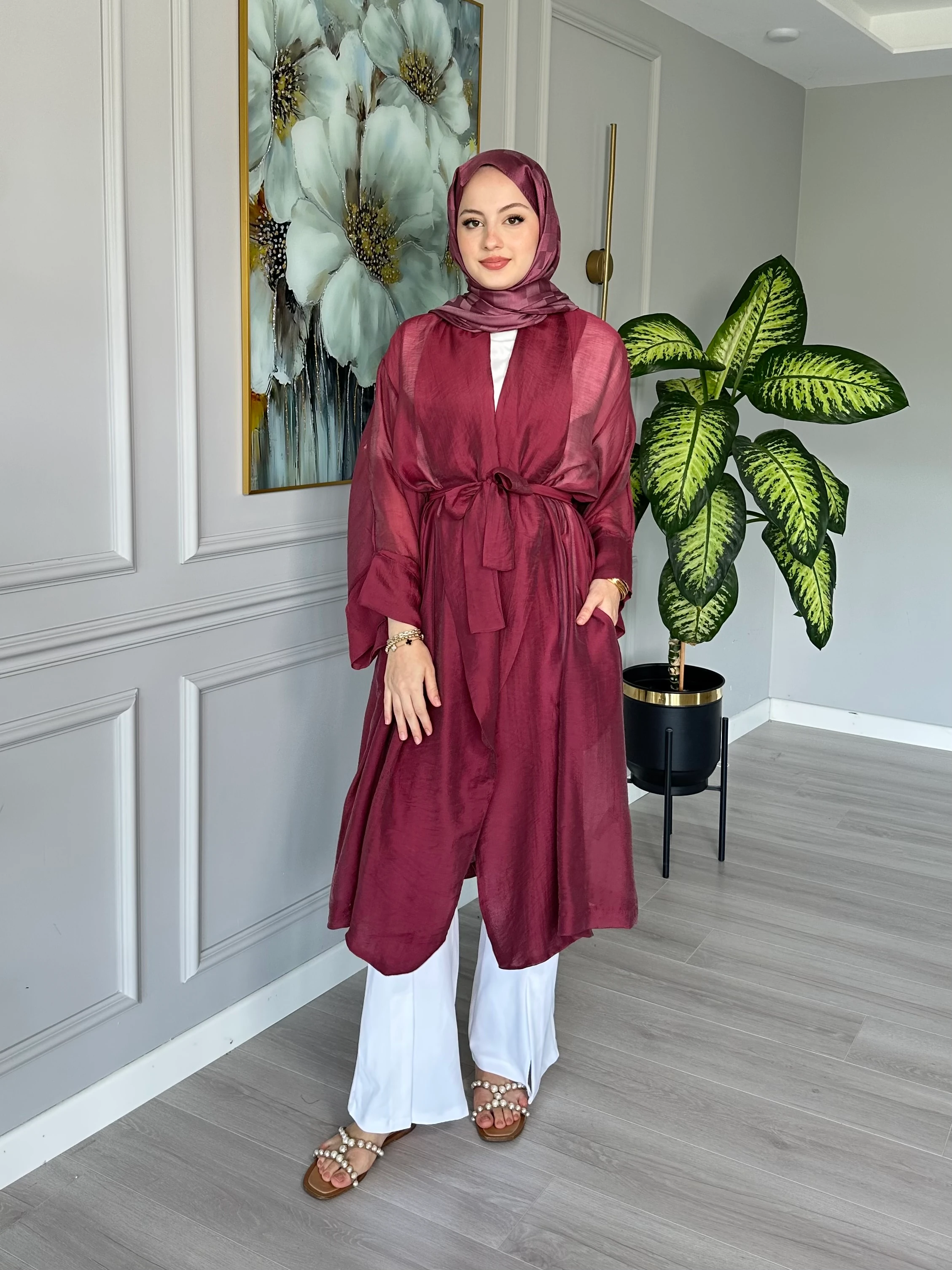 Seyyar Kemerli Pamuk Vual Kimono - Bordo