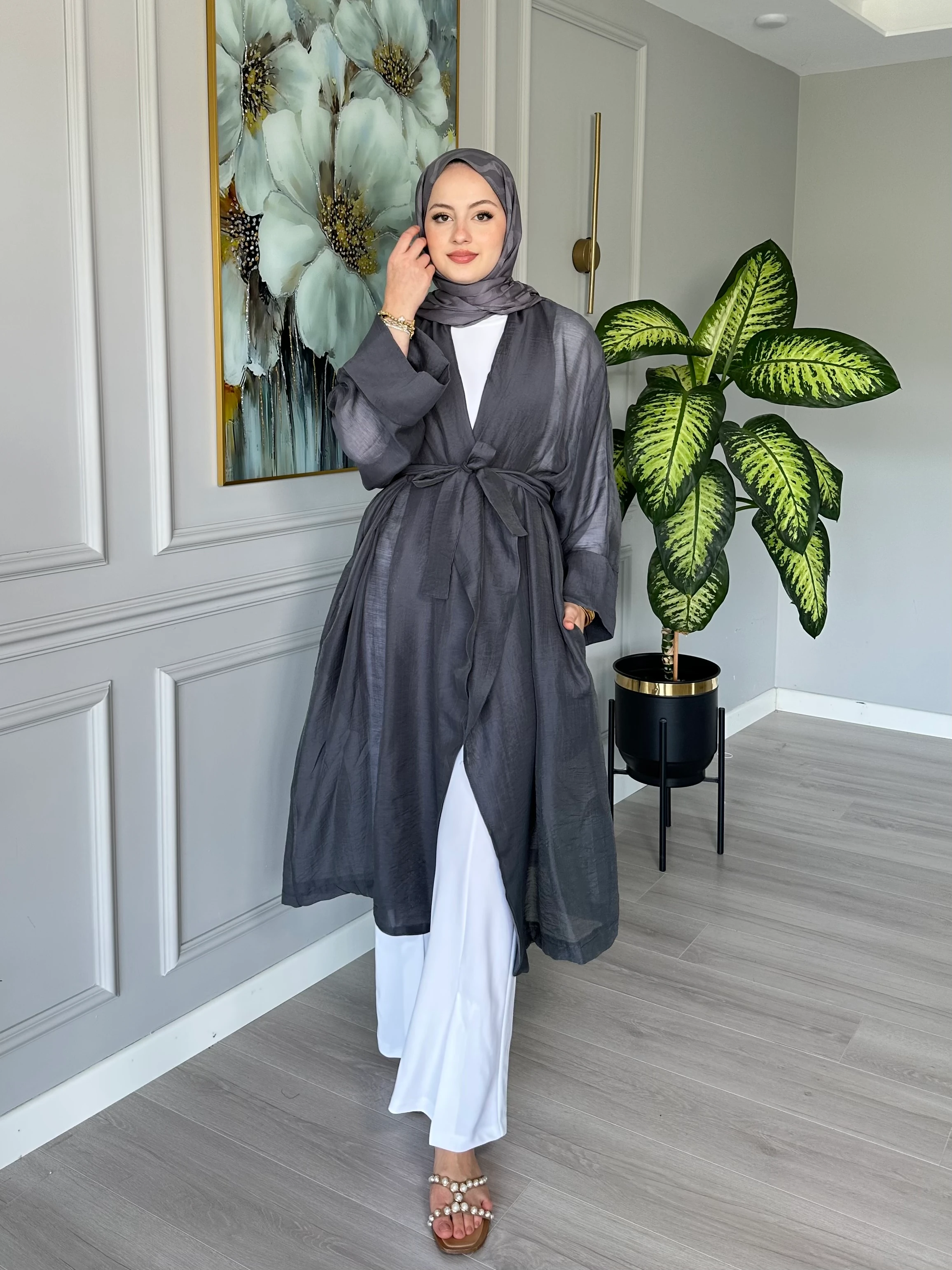 Seyyar Kemerli Pamuk Vual Kimono - Antrasit