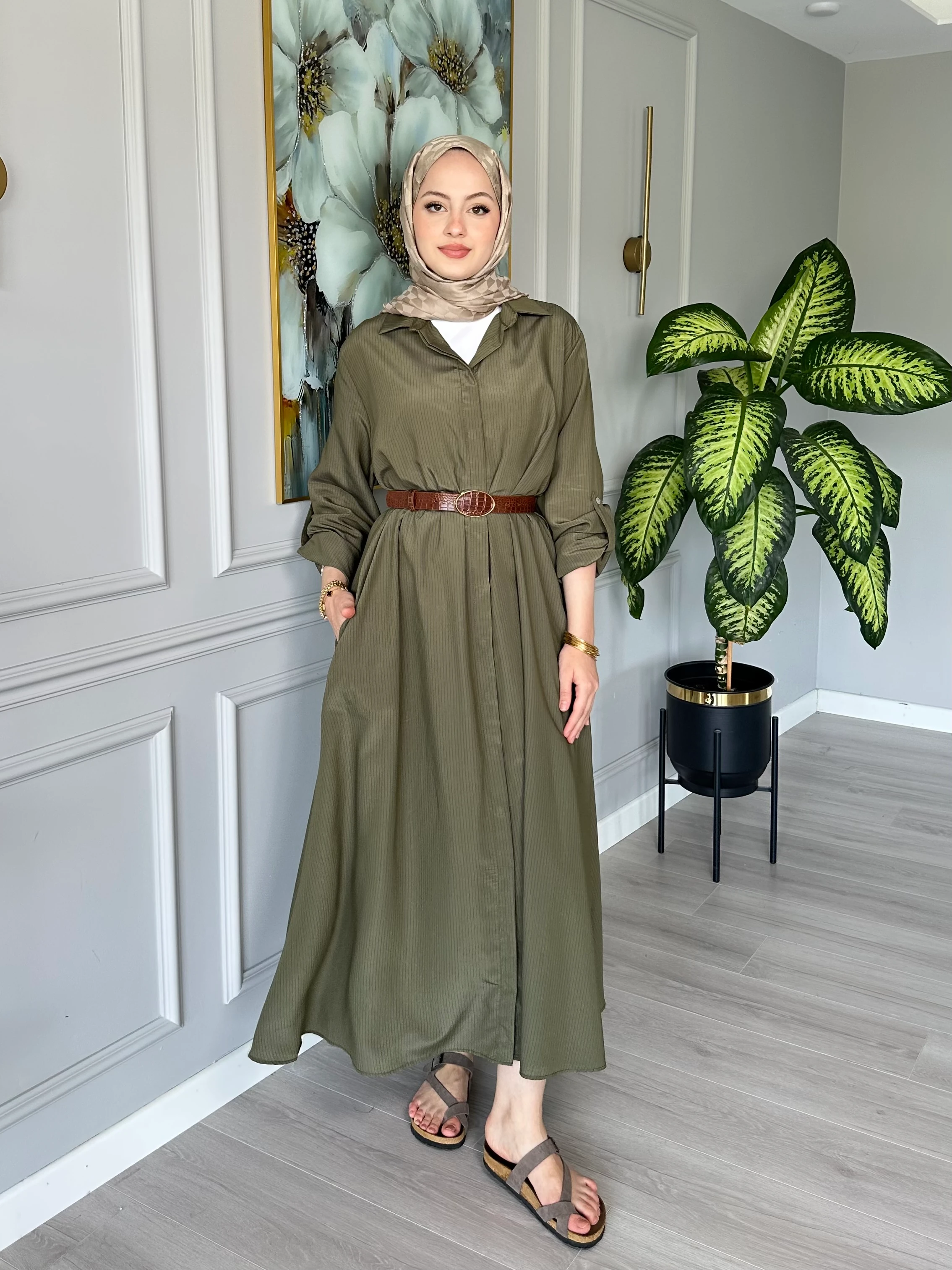 Kemerli Çizgili Elbise Haki