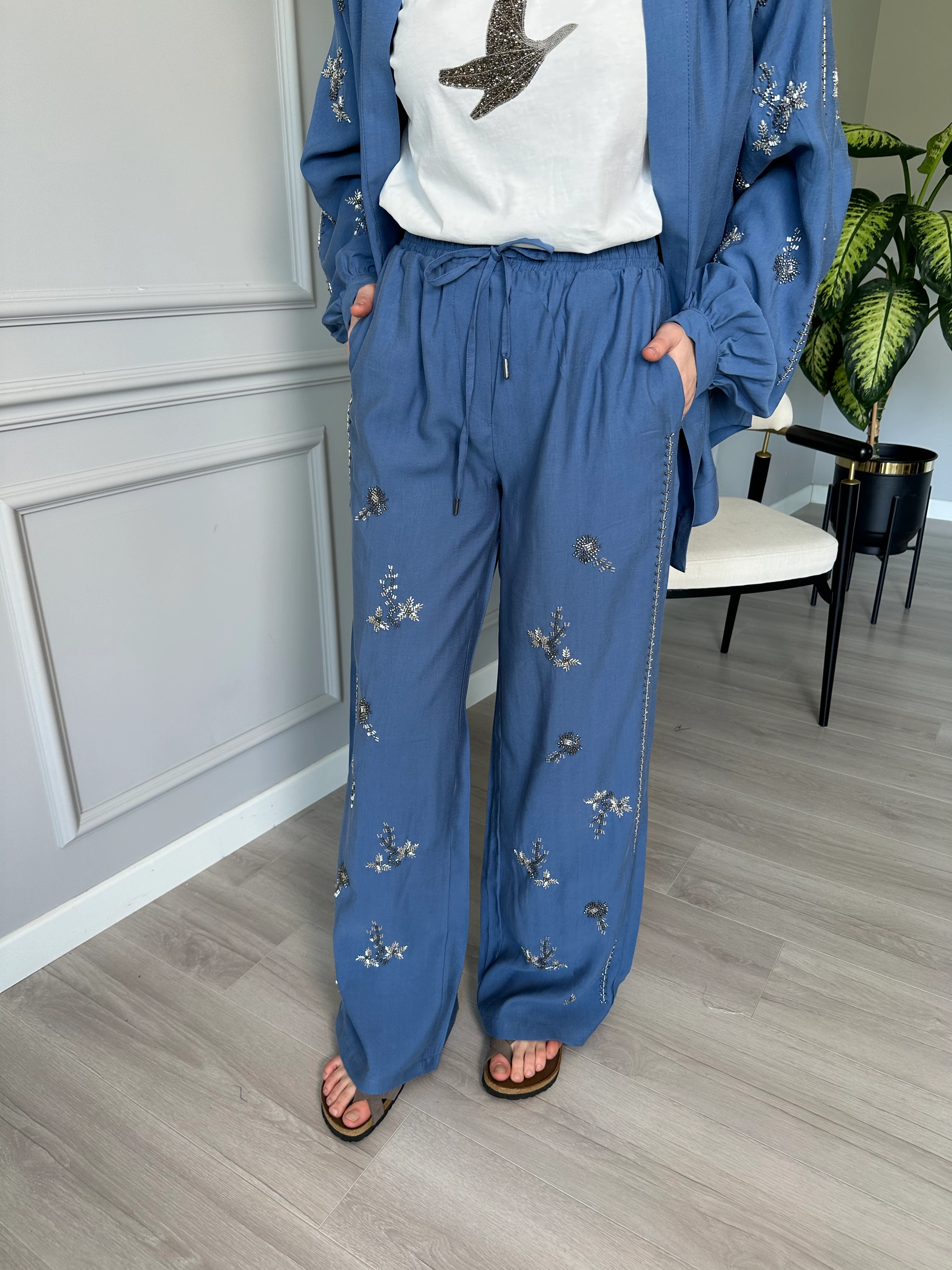 Tensel Kumaş Taşlı Pantolon - İndigo