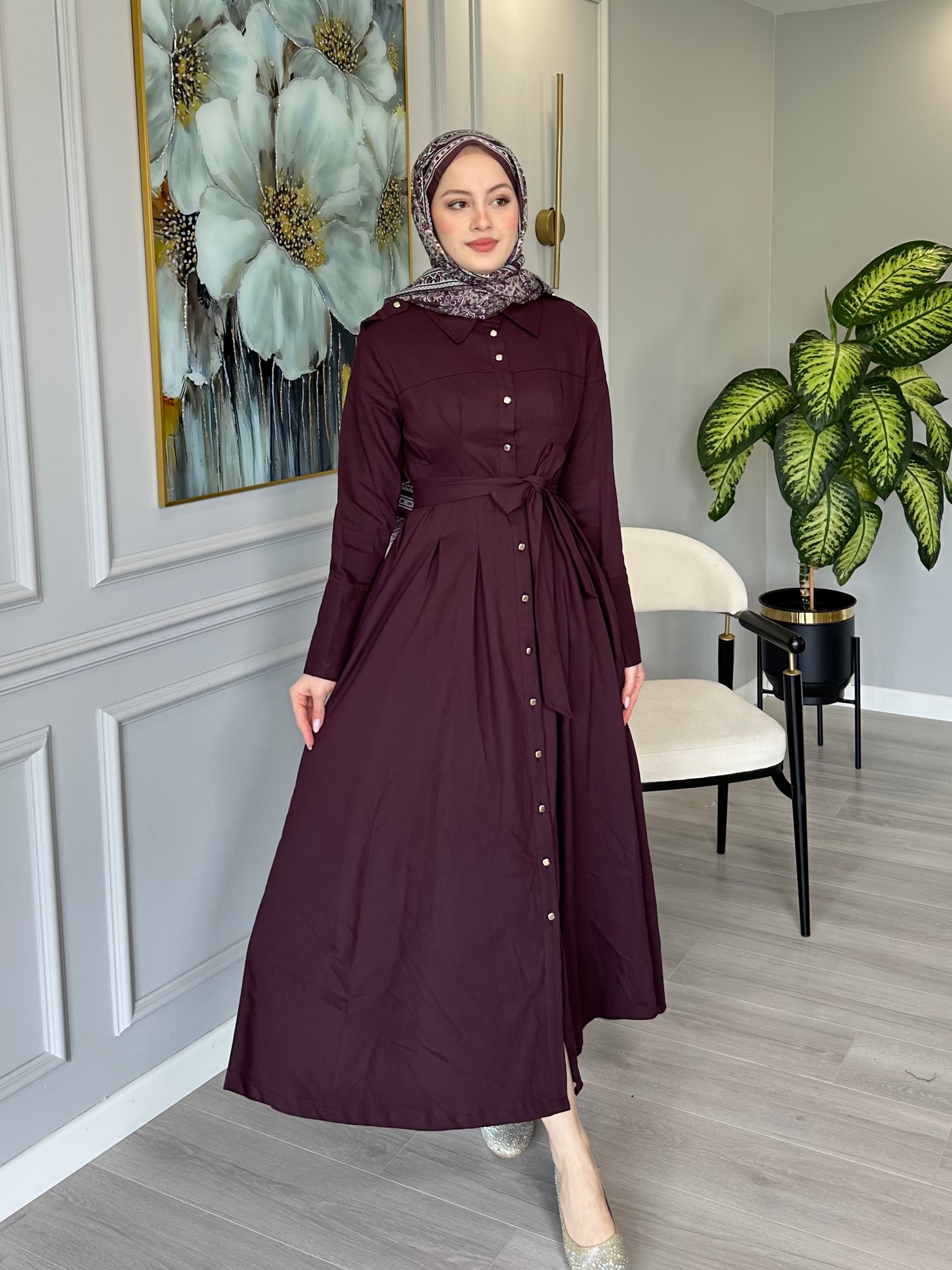 Esnek Pamuk Keten Apoletli Gold Düğmeli Kemerli Elbise - Bordo
