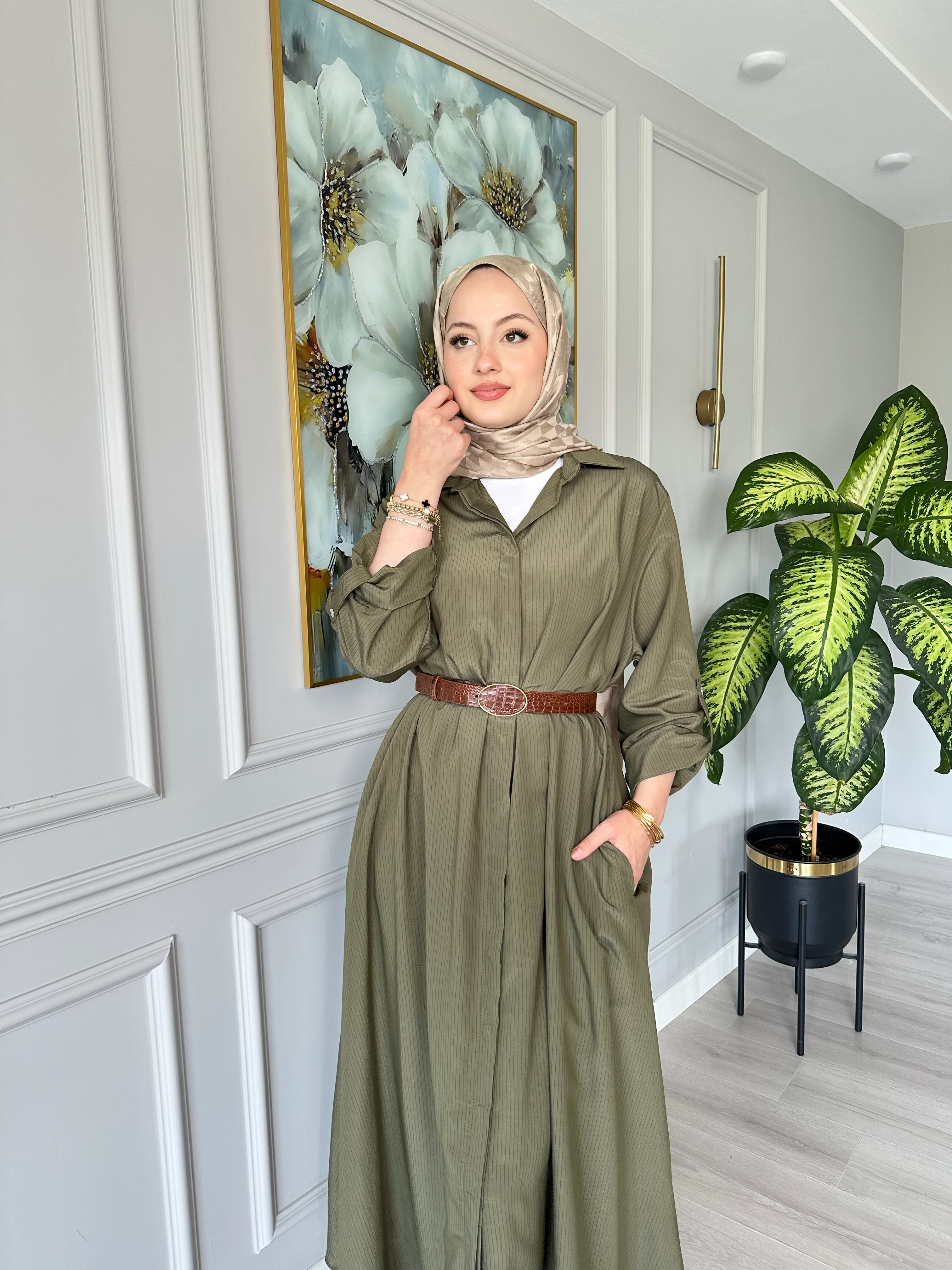 Kemerli Çizgili Elbise Haki