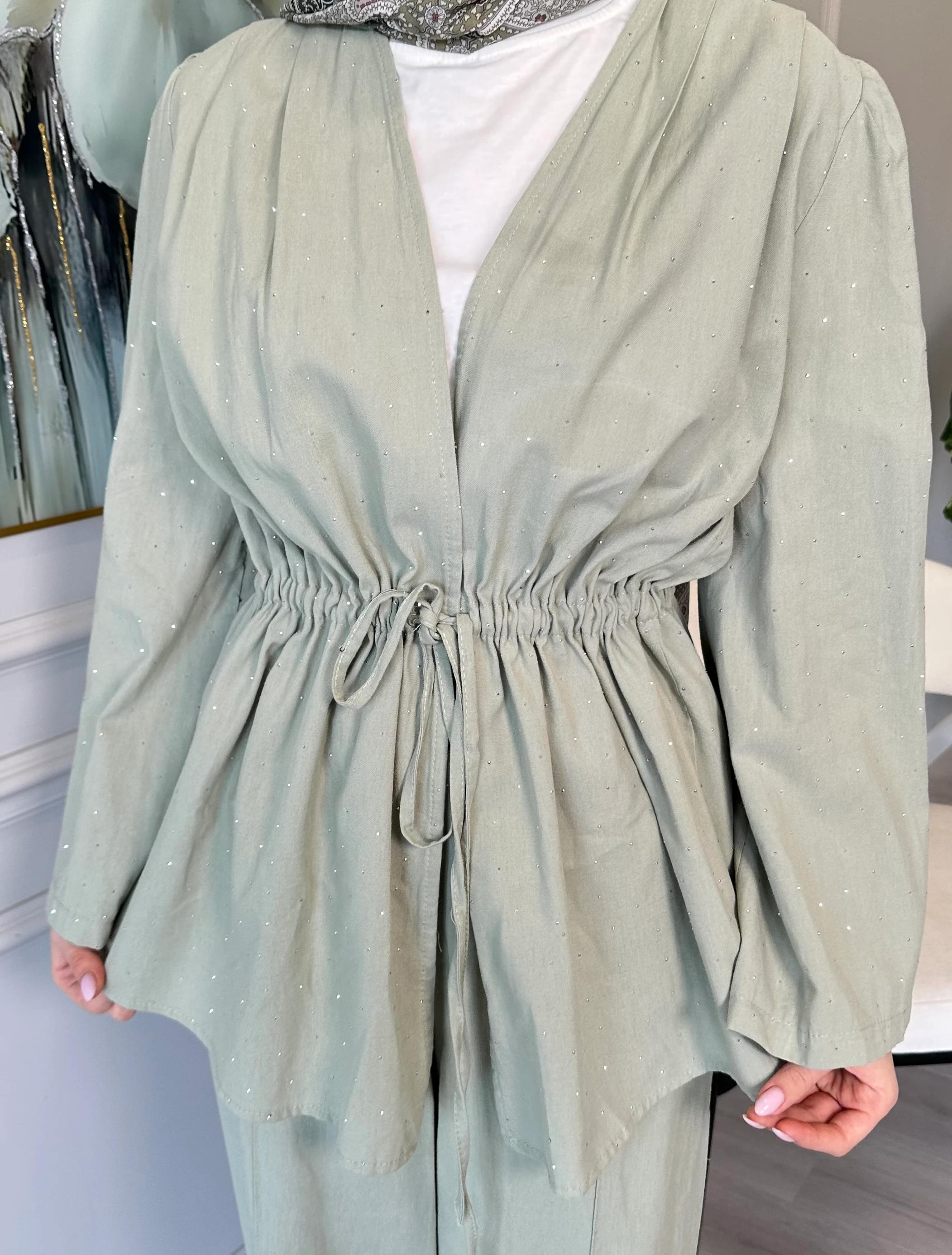 Taş Detaylı Keten Tunik Pantolon Takım