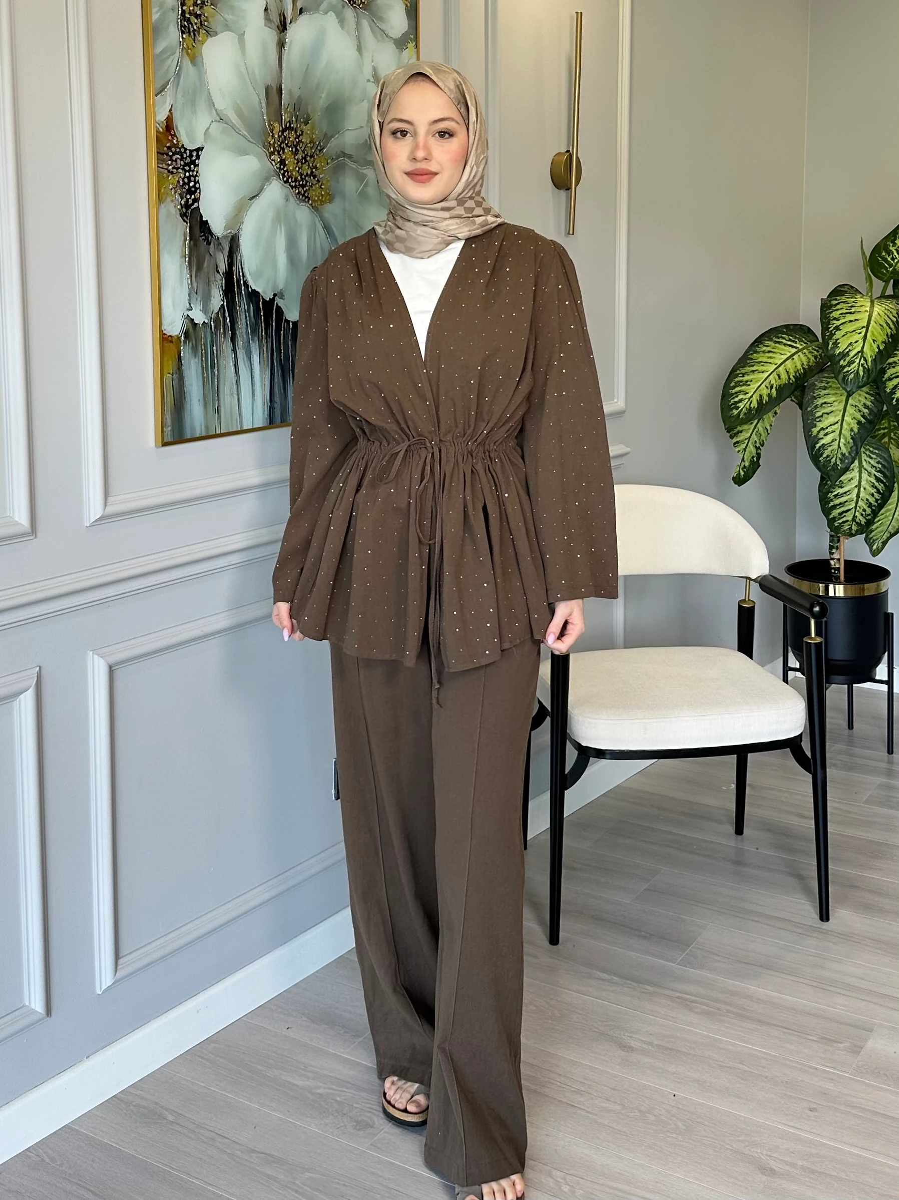 Taş Detaylı Keten Tunik Pantolon Takım - Kahverengi