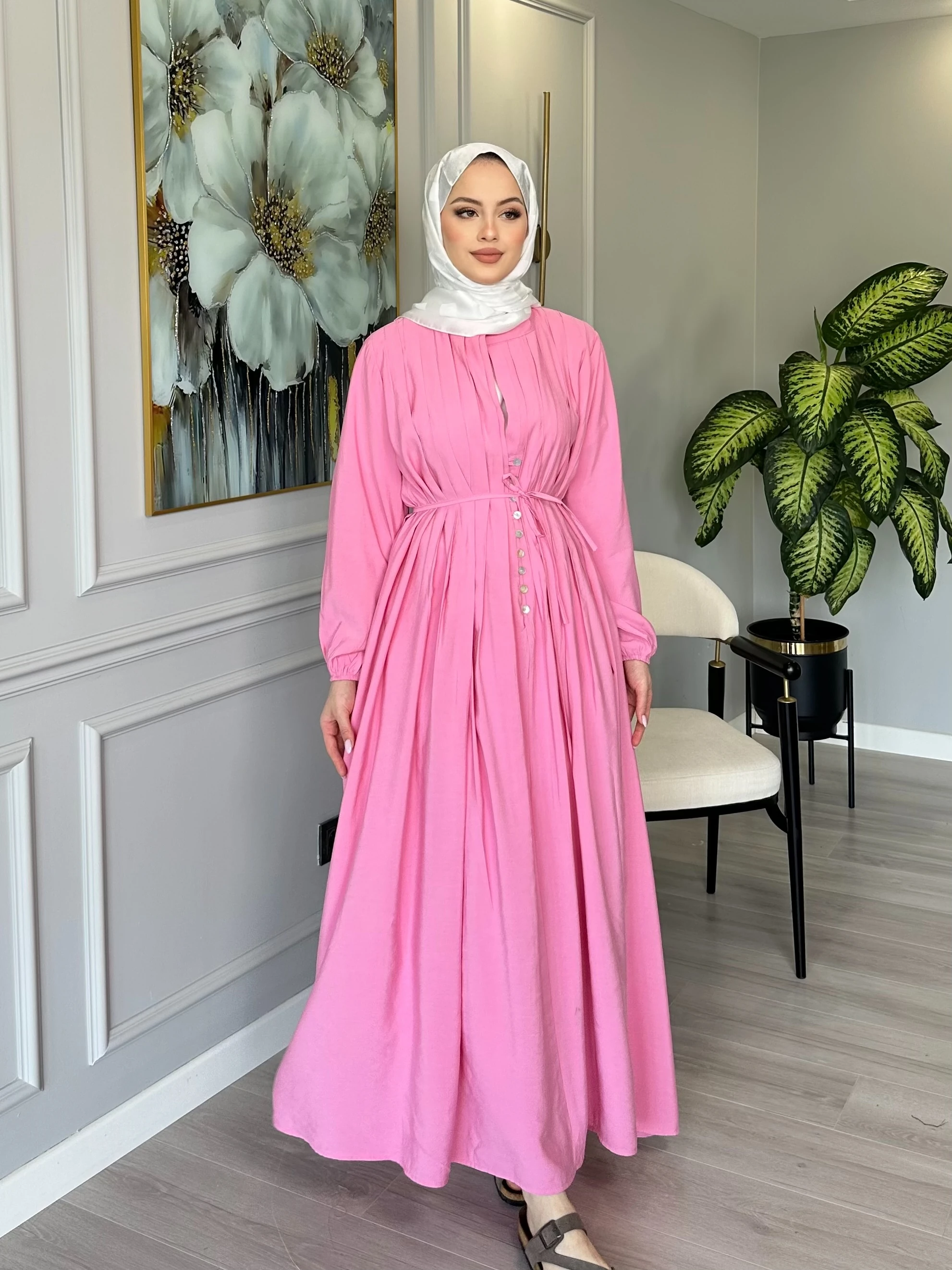 Rahat Kalıp Düğmeli Seyyar Kemerli Elbise - Pembe