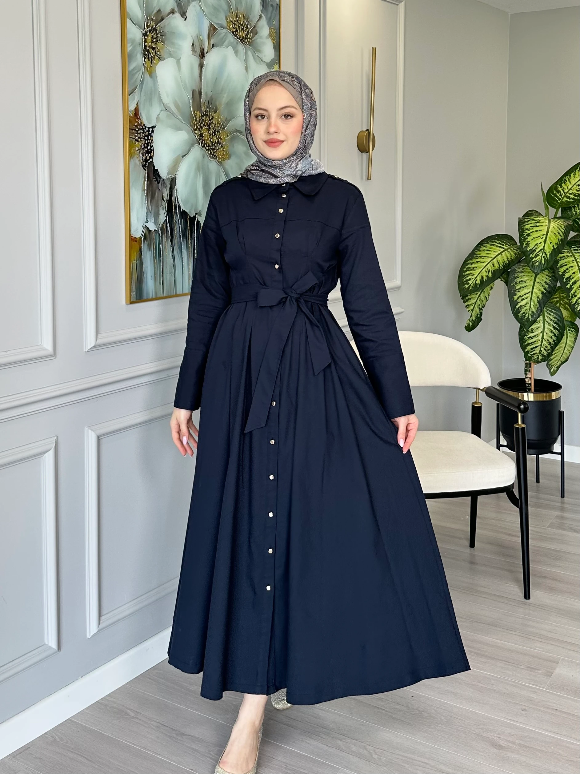 Esnek Pamuk Keten Apoletli Gold Düğmeli Kemerli Elbise - Lacivert