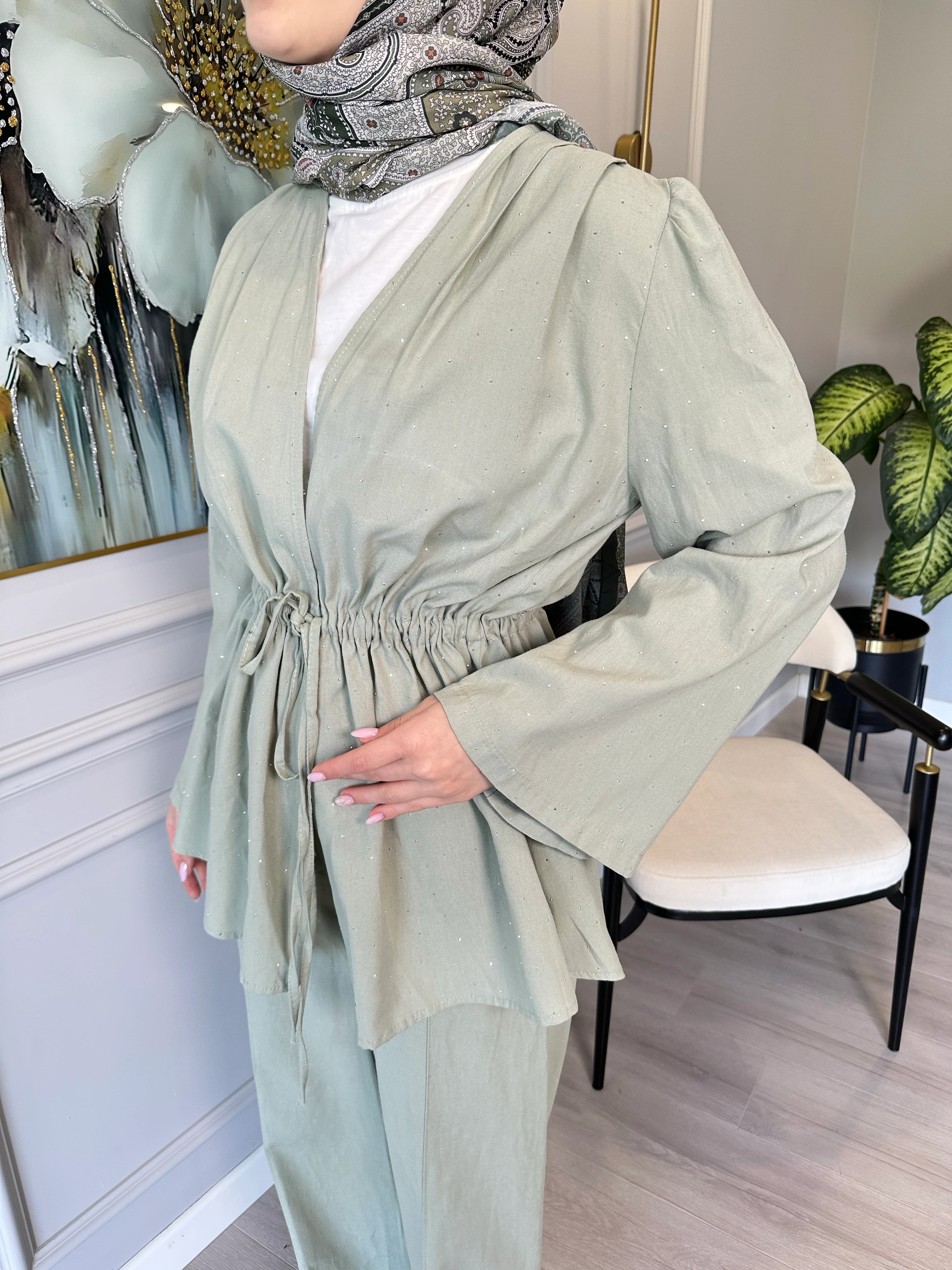 Taş Detaylı Keten Tunik Pantolon Takım