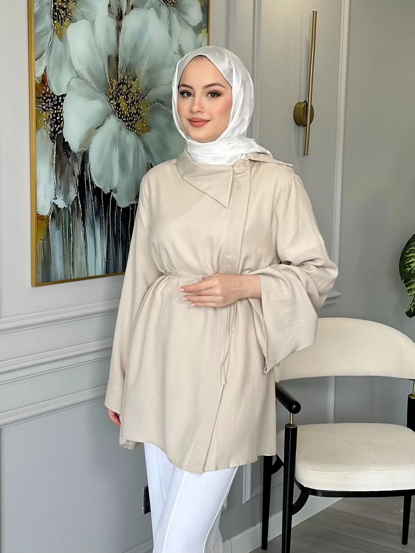 Yaka Detaylı Salaş Tunik - Taş