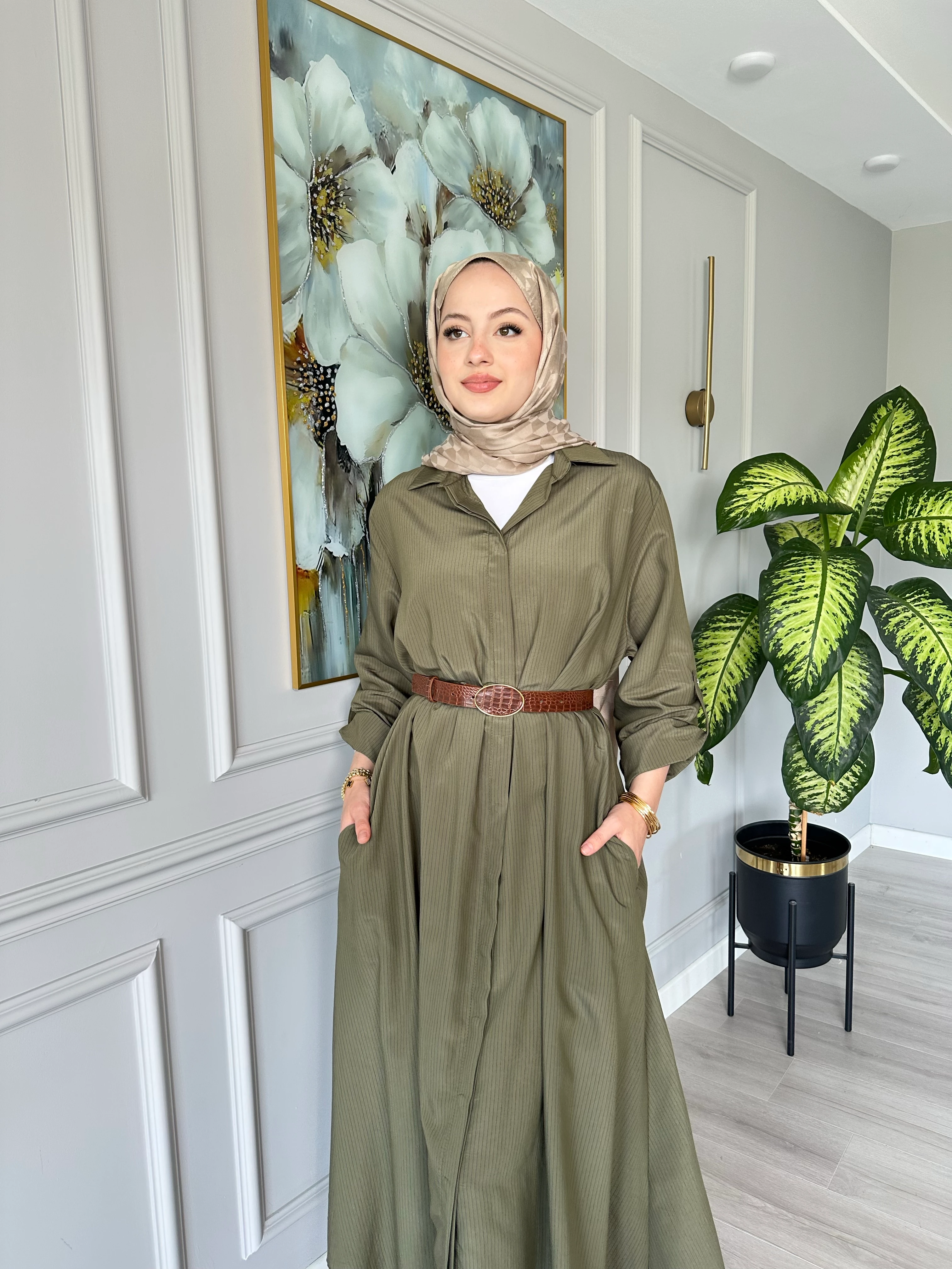 Kemerli Çizgili Elbise Haki