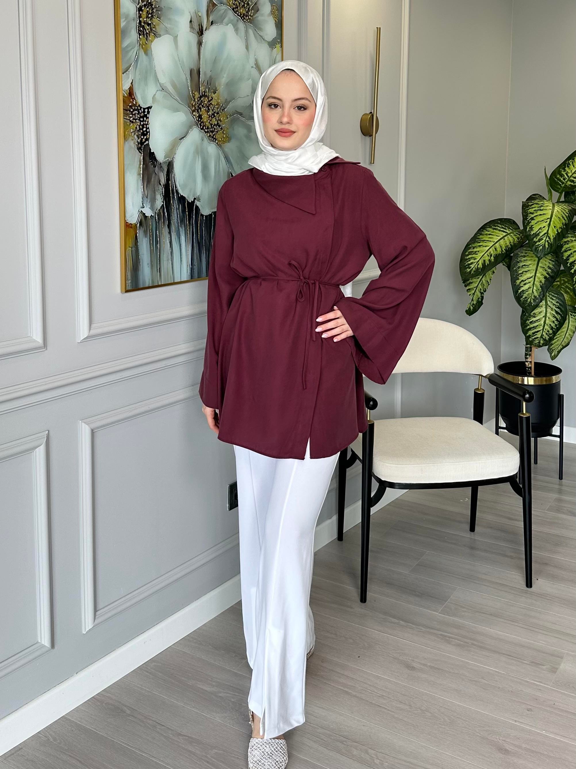 Yaka Detaylı Salaş Tunik - Bordo