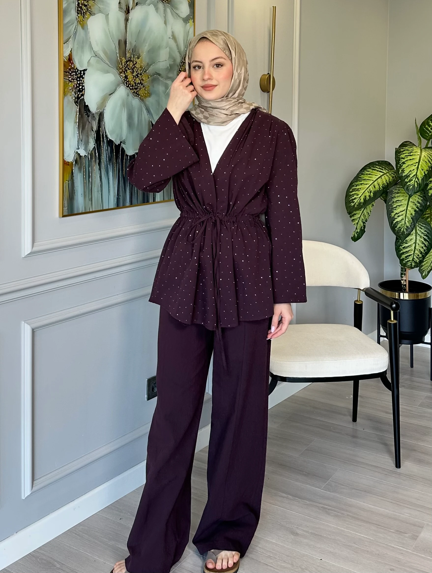 Taş Detaylı Keten Tunik Pantolon Takım - Mürdüm