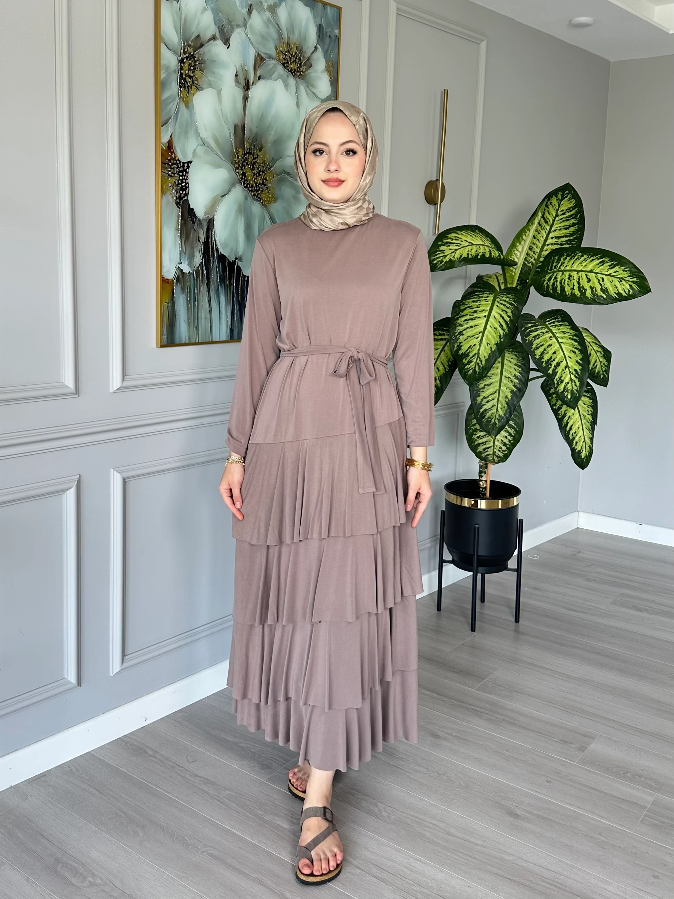 Seyyar Kemerli Oysho Kumaş Katlı Elbise - Vizon