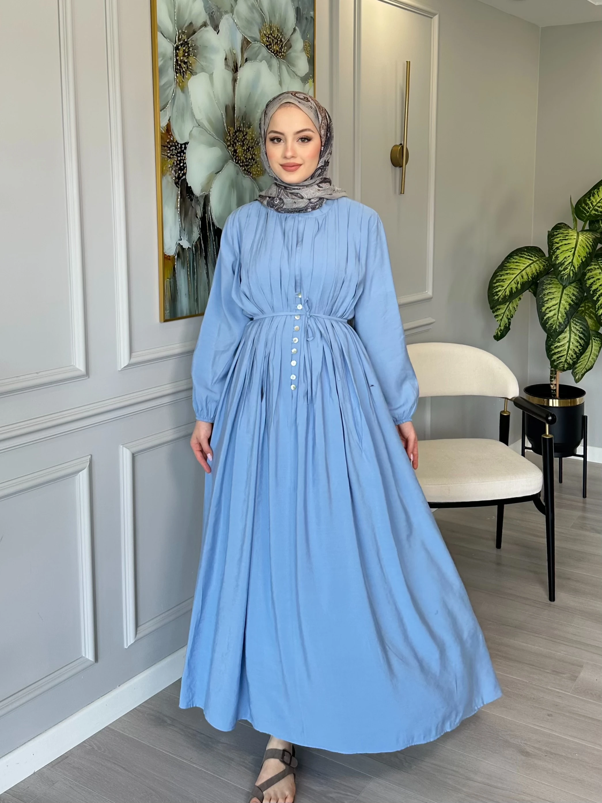 Rahat Kalıp Düğmeli Seyyar Kemerli Elbise - Mavi