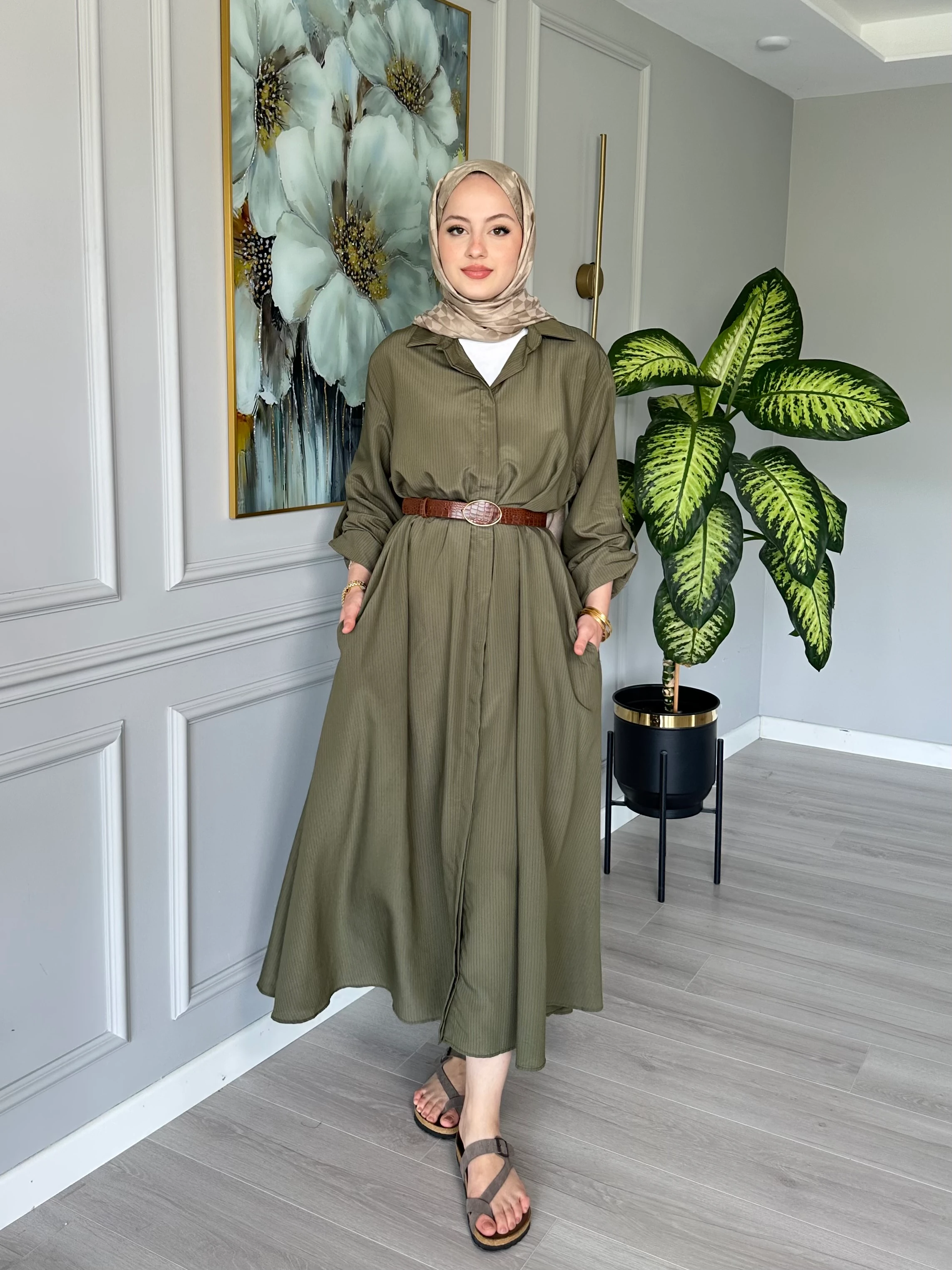 Kemerli Çizgili Elbise Haki - Yeşil