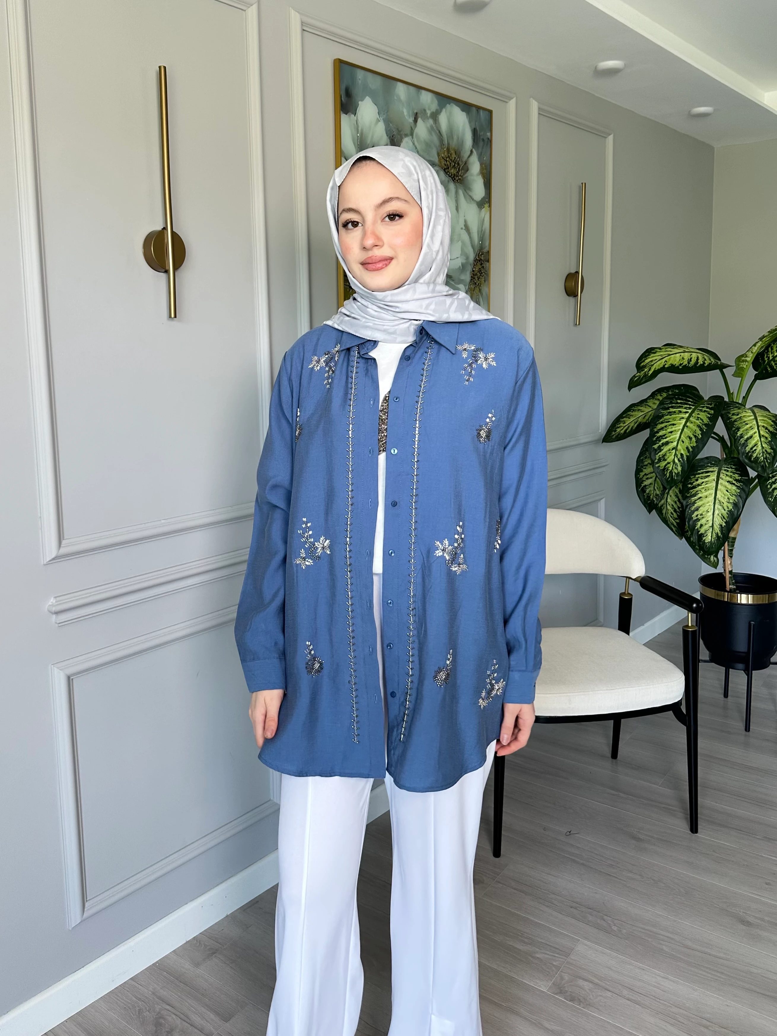 Taşlı Tensel Kumaş Gömlek ve Pantolon İkili Set - İndigo