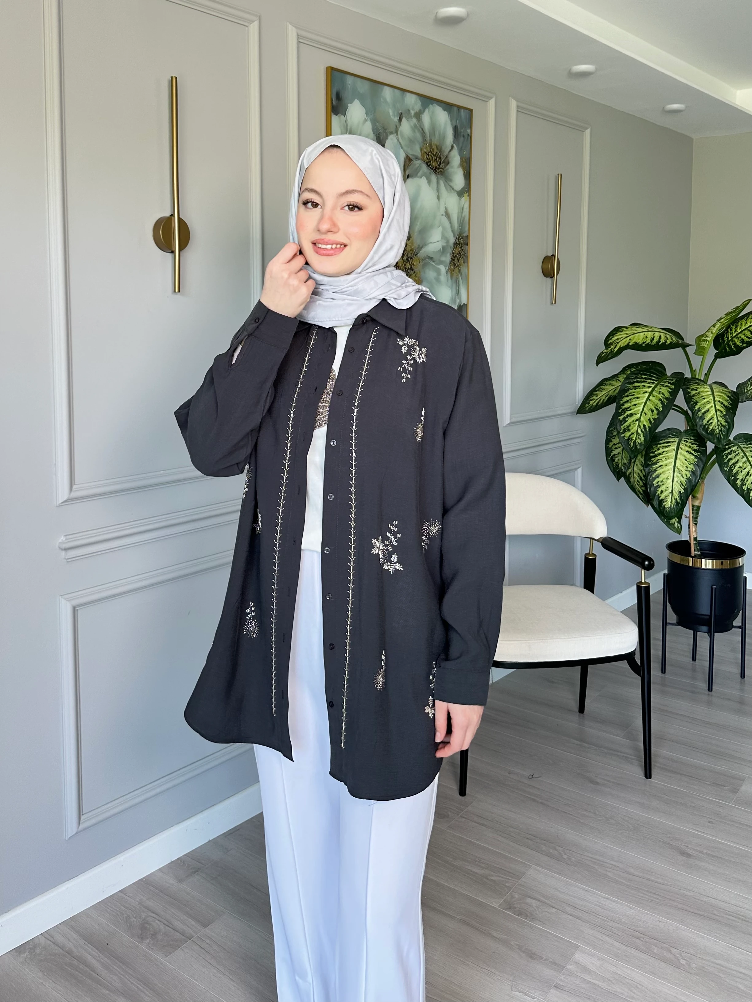 Taşlı Tensel Kumaş Gömlek ve Pantolon İkili Set - Antrasit