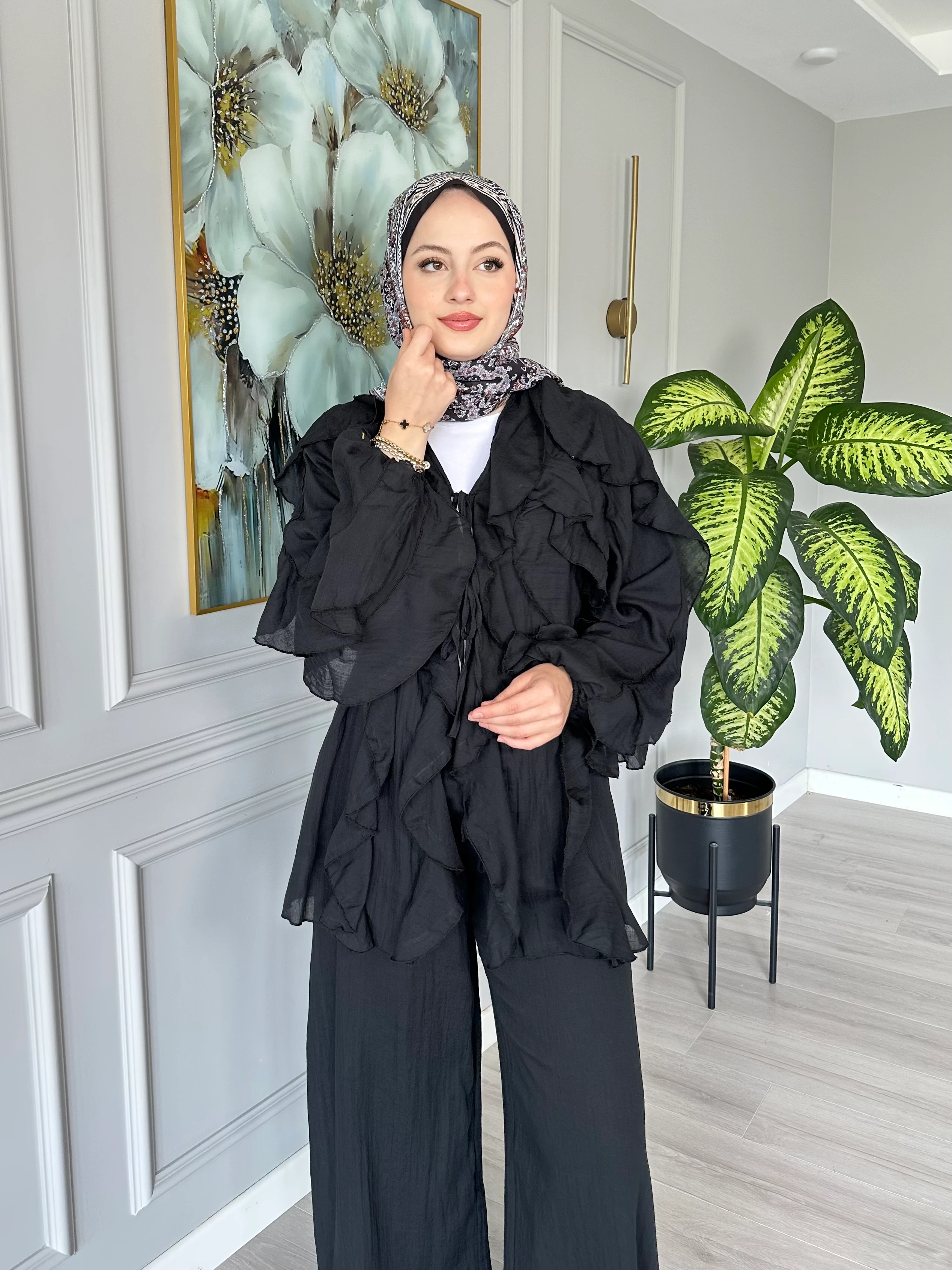 Pamuk Vual Fırfırlı Takım Siyah