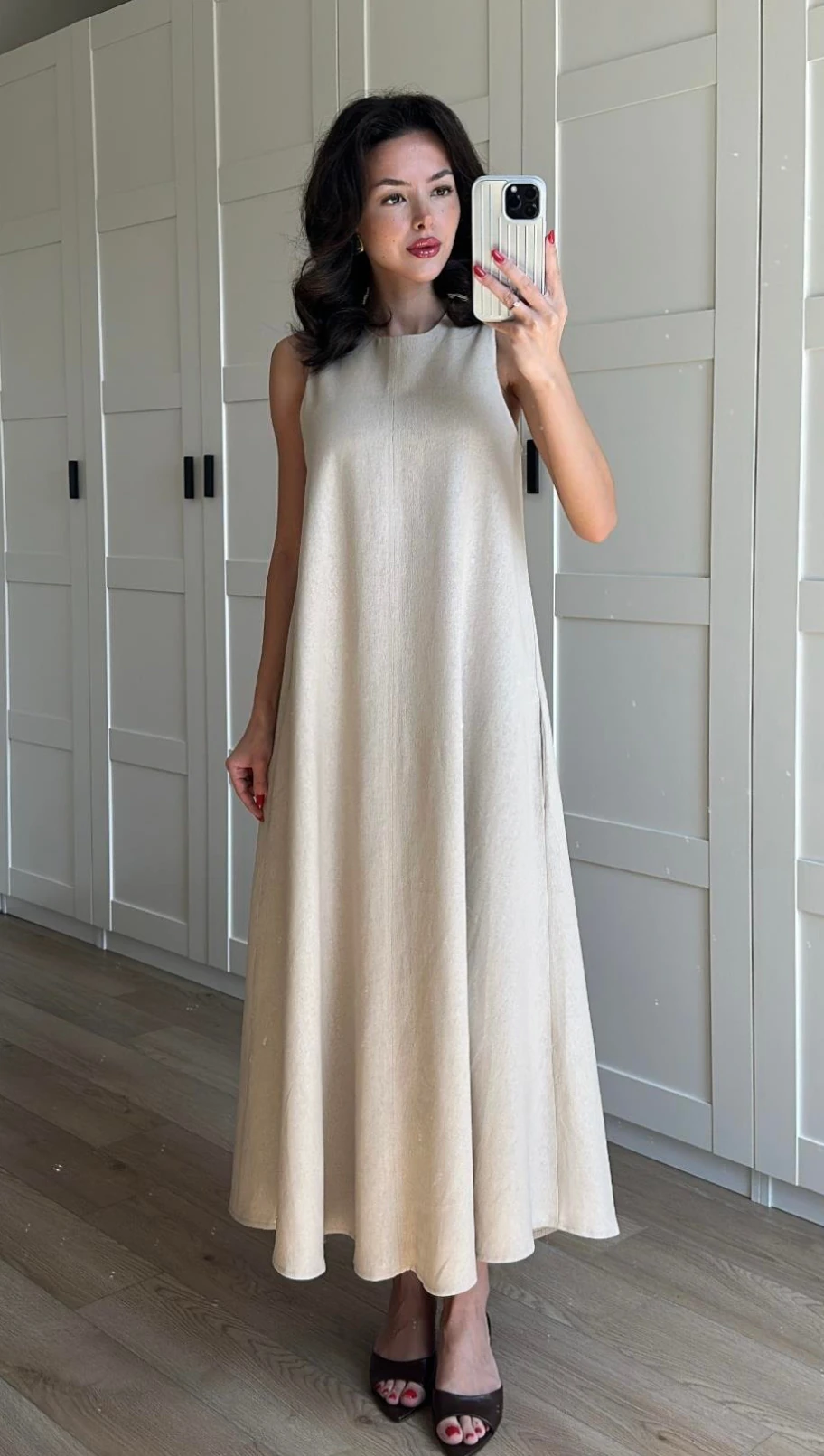 Keten Kolsuz Elbise - Bej