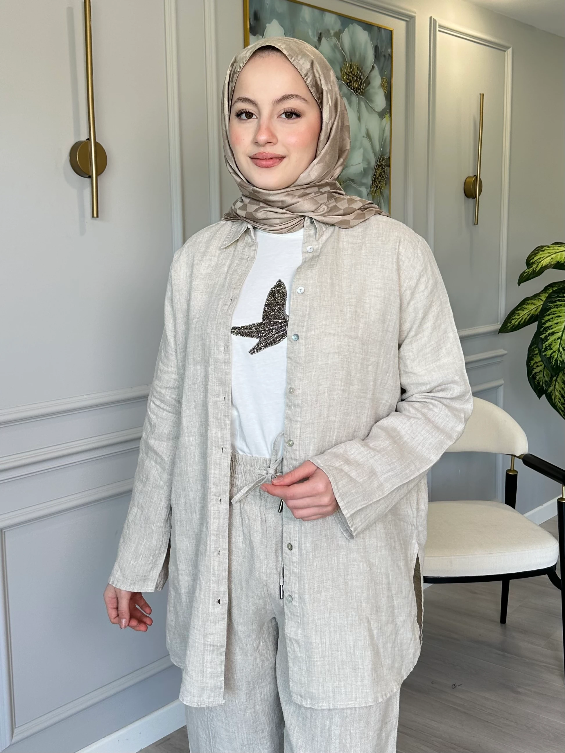 Saf Keten Bej Gömlek