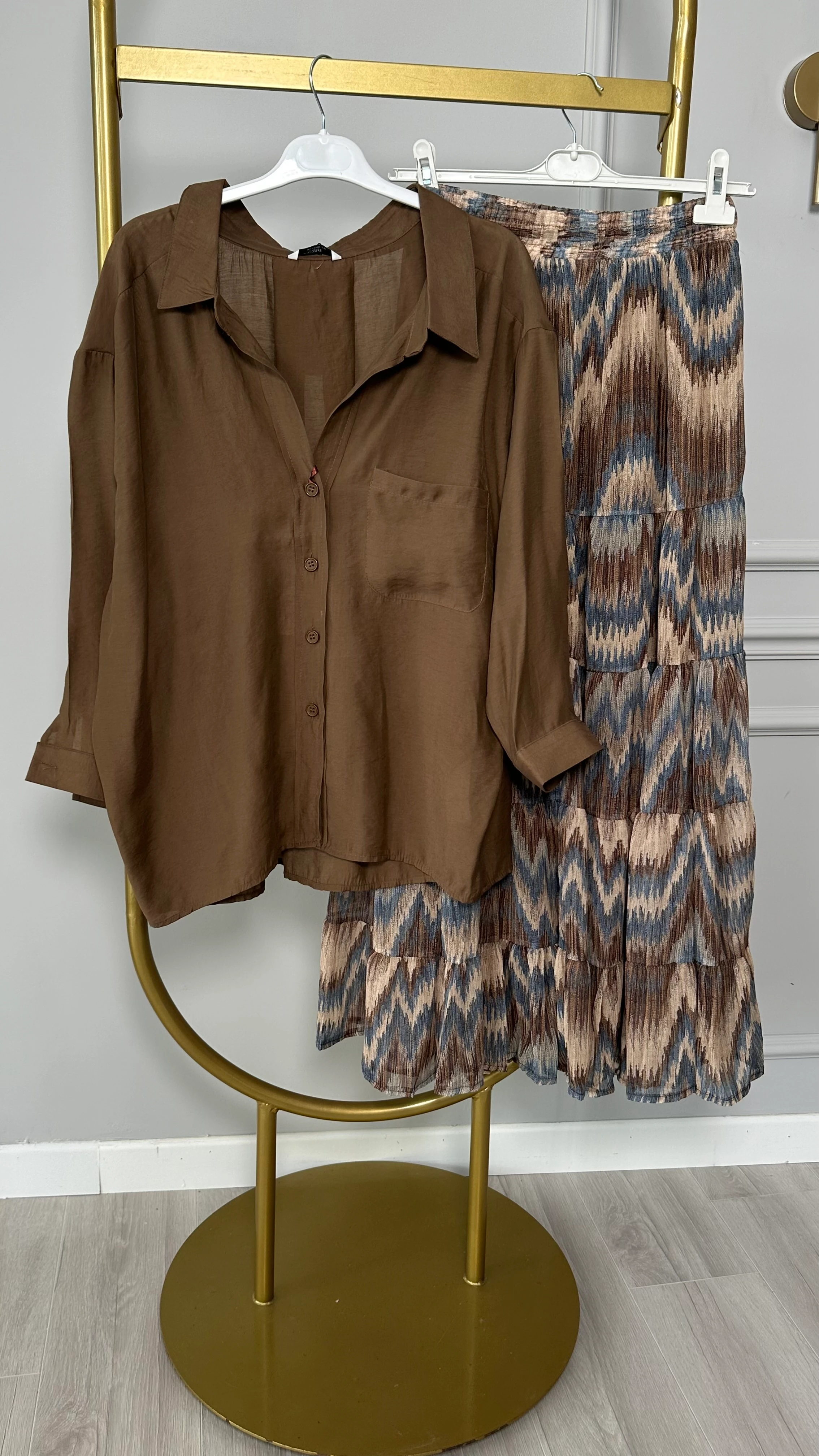 Gömlek ve Etek Yazlık Takım Kahve