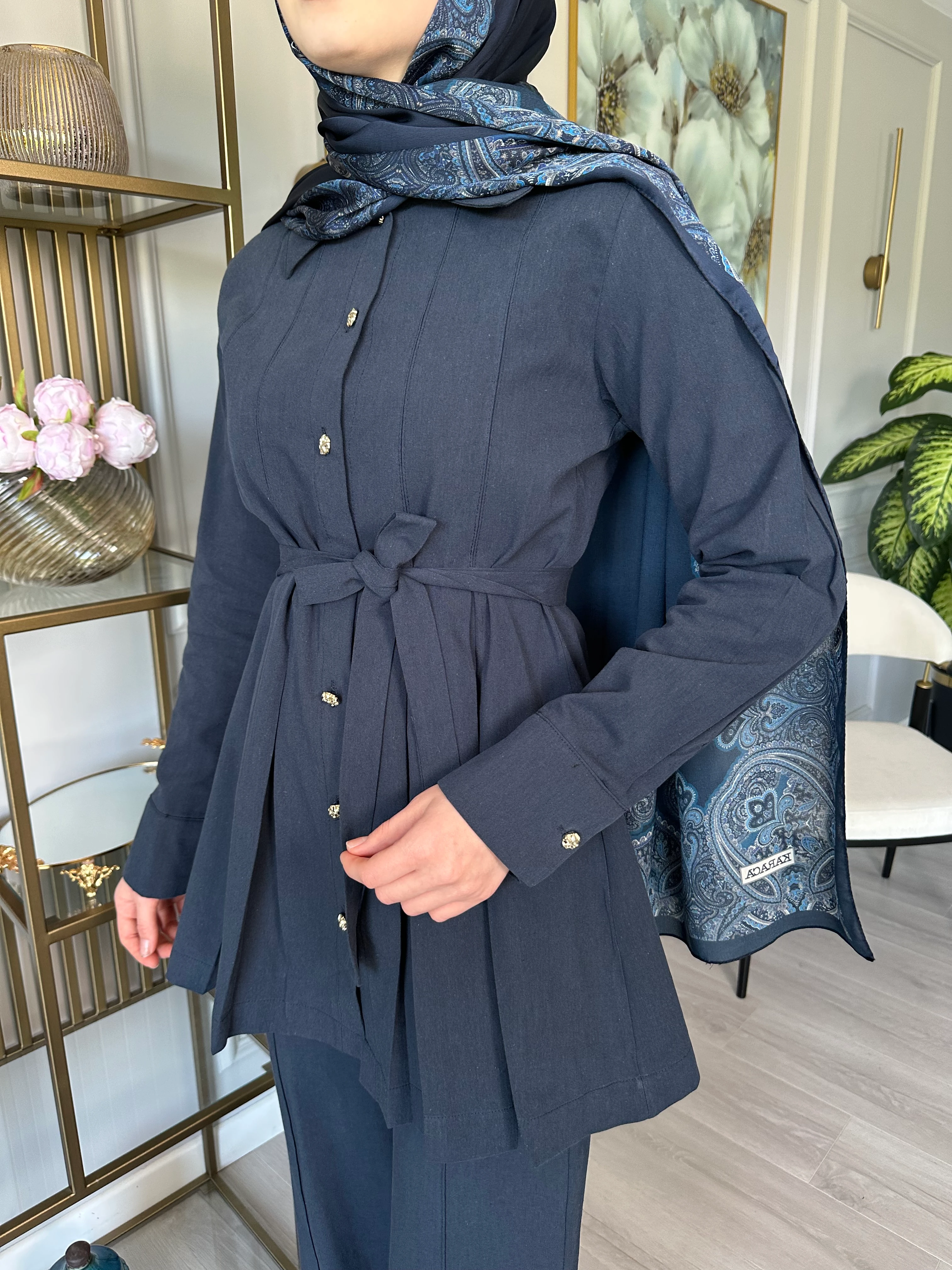 Keten Pileli Takım – Düğmeli Tunikli, Beli Kemerli