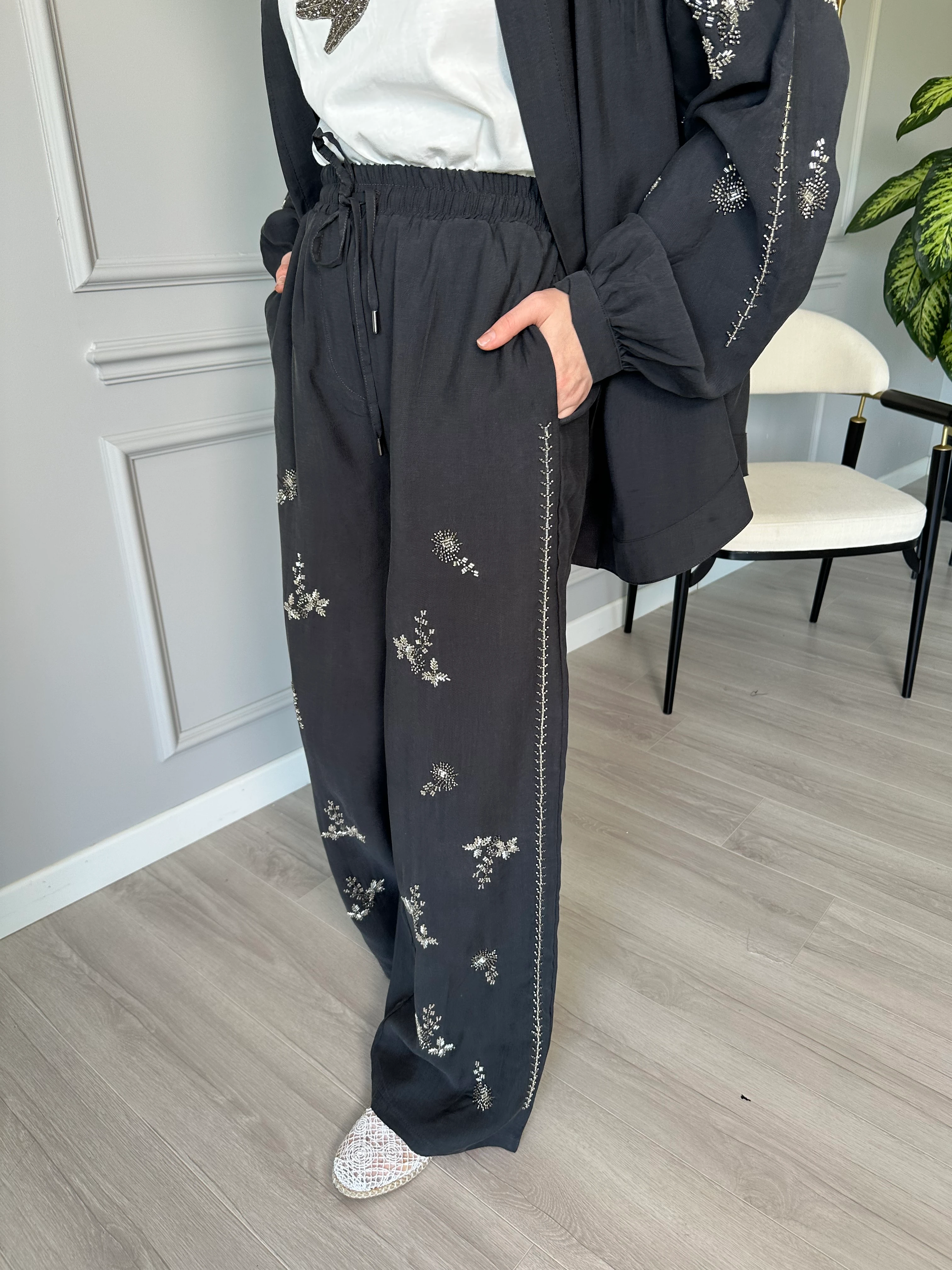 Tensel Kumaş Taşlı Pantolon - Antrasit