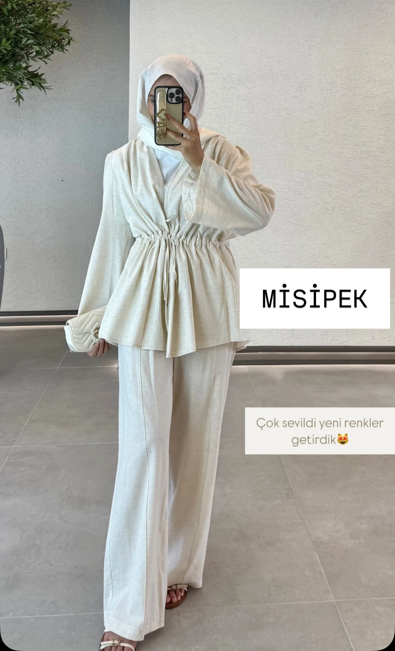 Taş Detaylı Keten Tunik Pantolon Takım - Taş