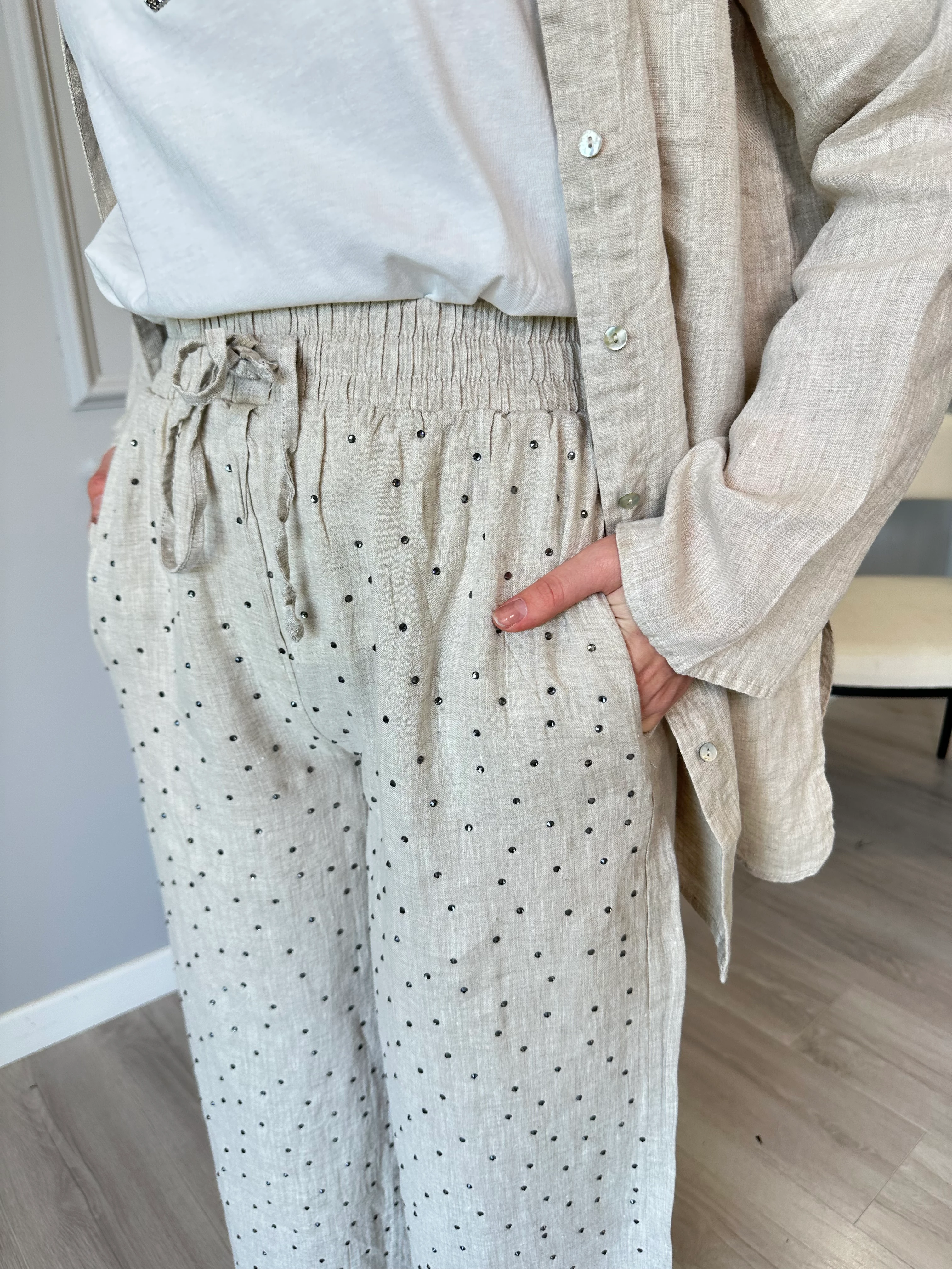 Taşlı Keten Bej Pantolon - Cepli, Beli Lastikli ve İpli