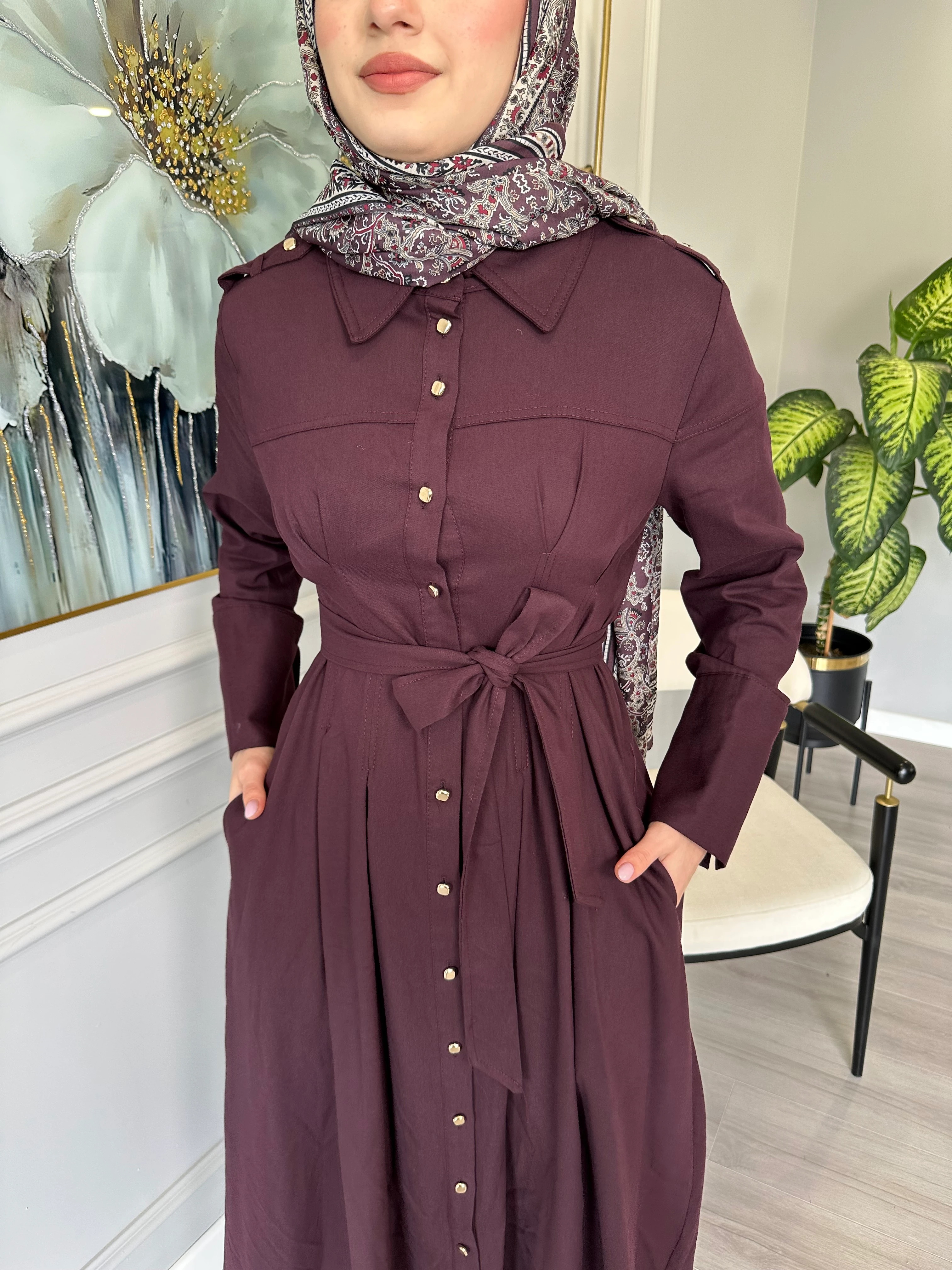 Esnek Pamuk Keten Apoletli Gold Düğmeli Kemerli Elbise