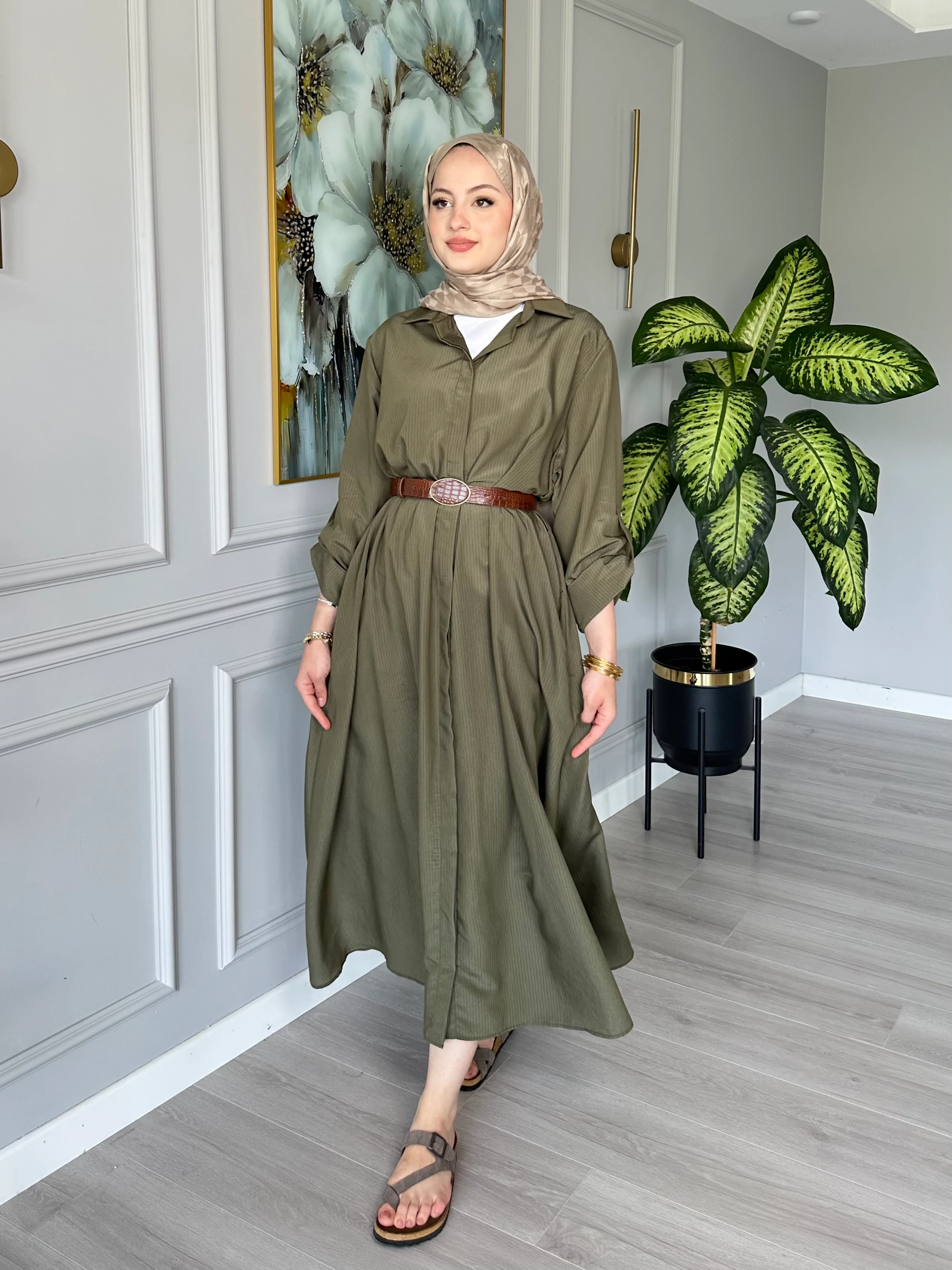 Kemerli Çizgili Elbise Haki