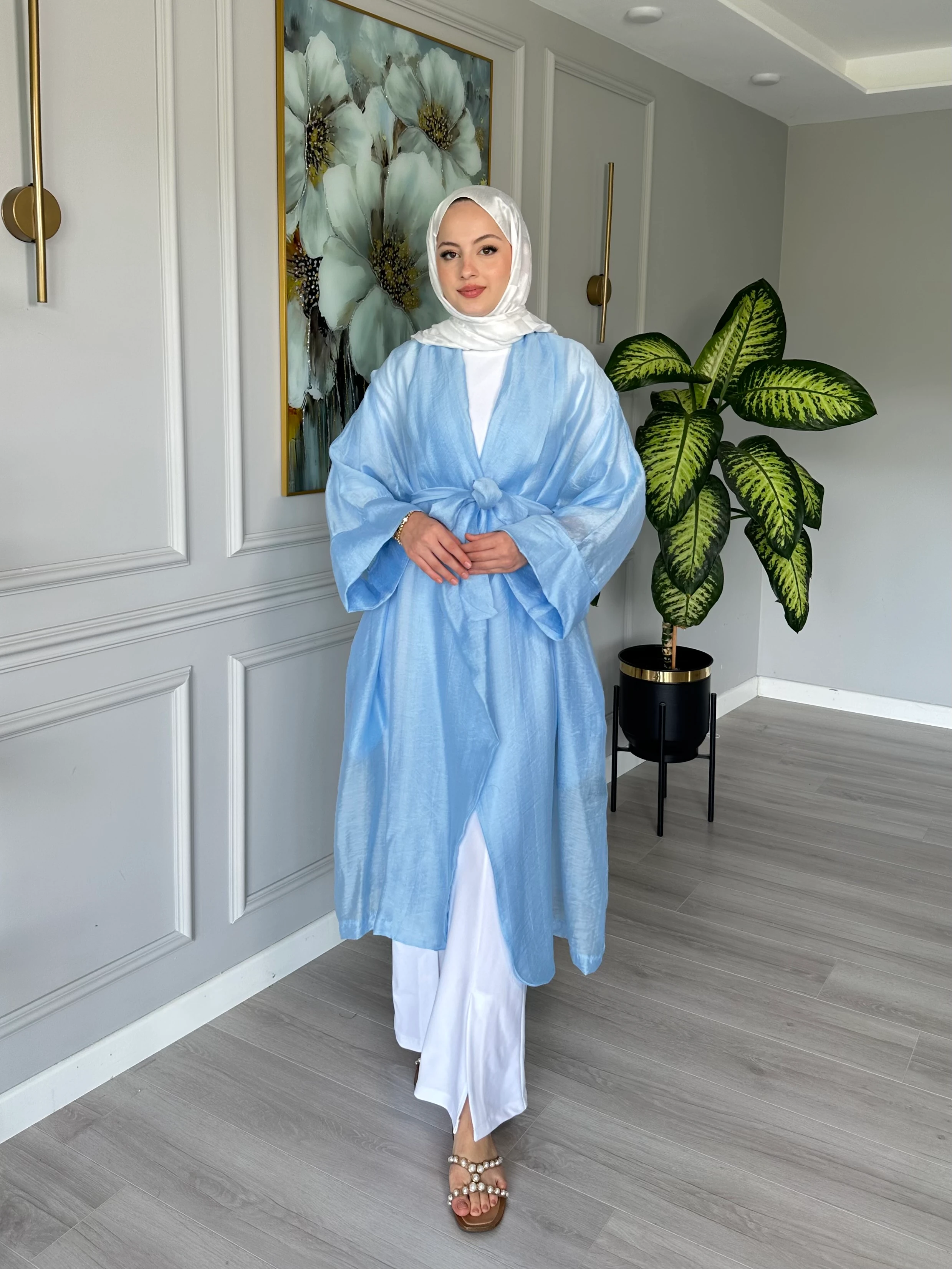 Seyyar Kemerli Pamuk Vual Kimono - Mavi