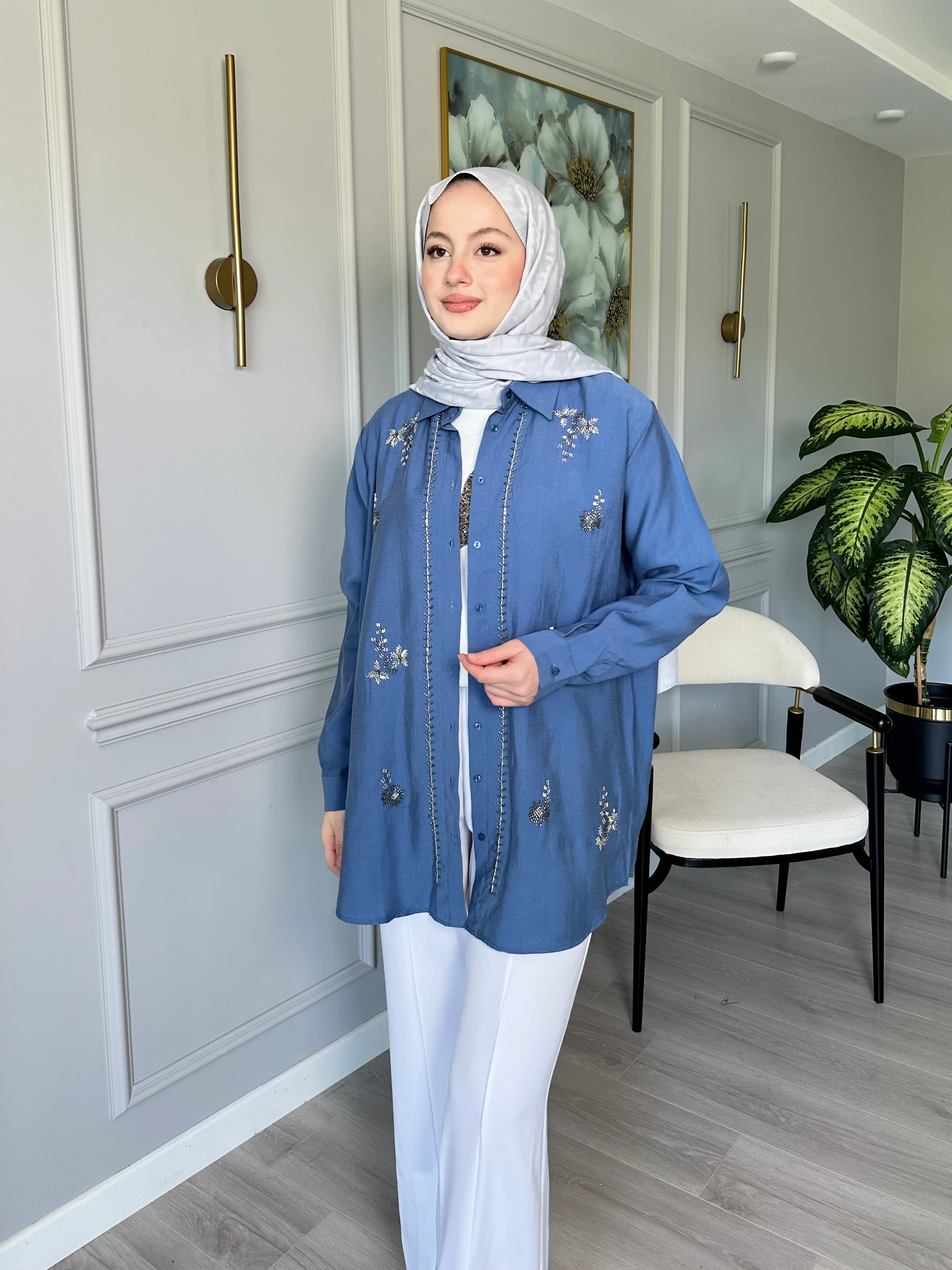 Taşlı Tensel Kumaş Gömlek ve Pantolon İkili Set