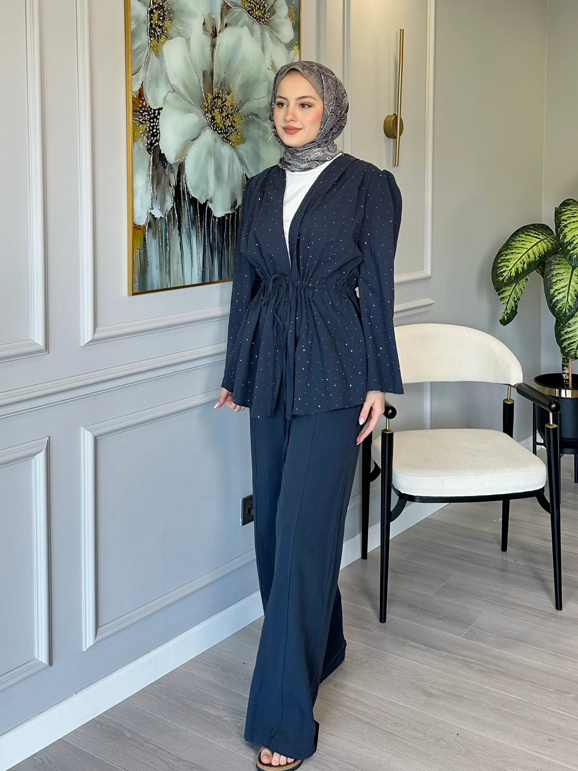 Taş Detaylı Keten Tunik Pantolon Takım - Lacivert