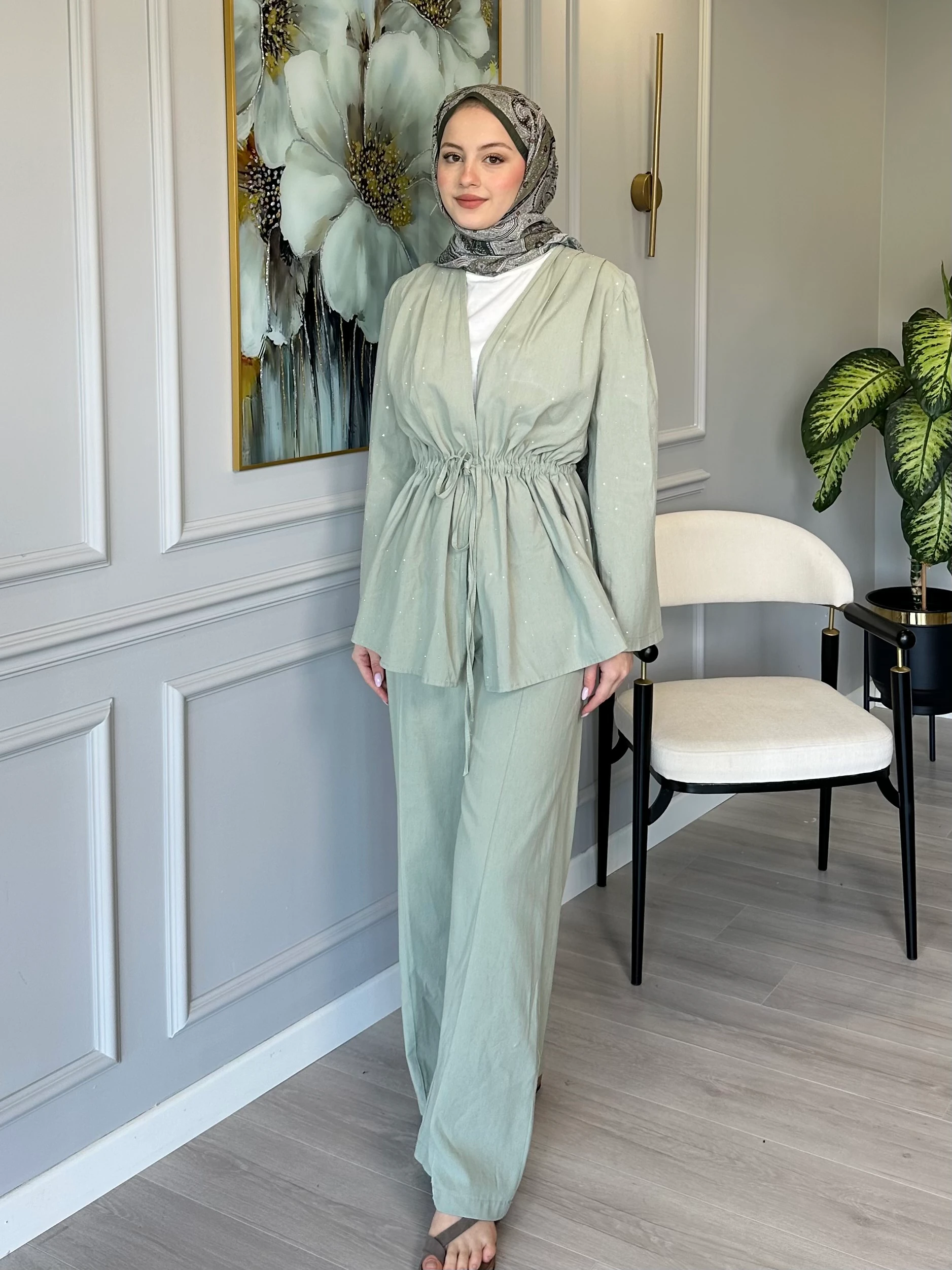 Taş Detaylı Keten Tunik Pantolon Takım - Mint Yeşili