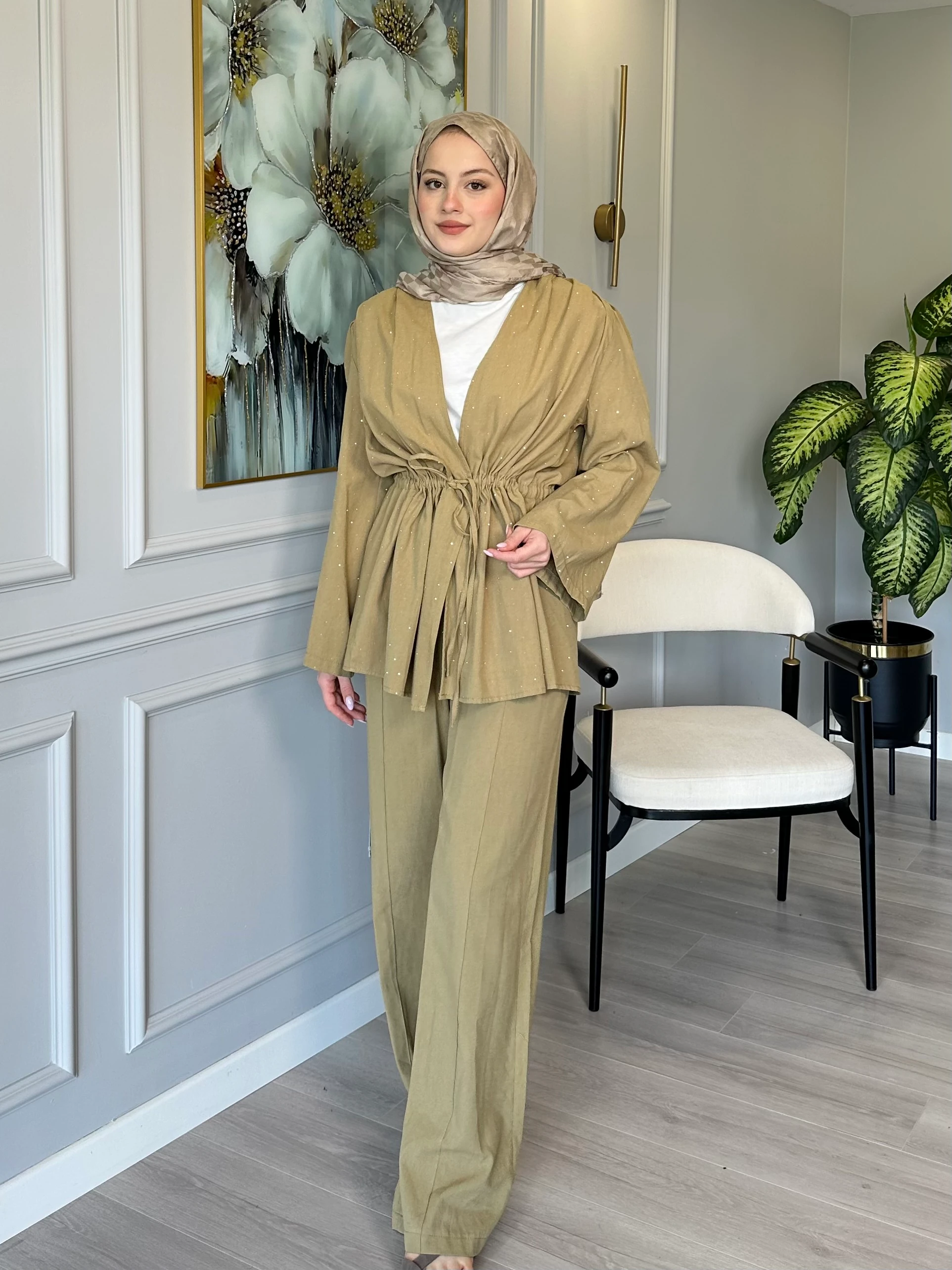 Taş Detaylı Keten Tunik Pantolon Takım - Yağ Yeşili