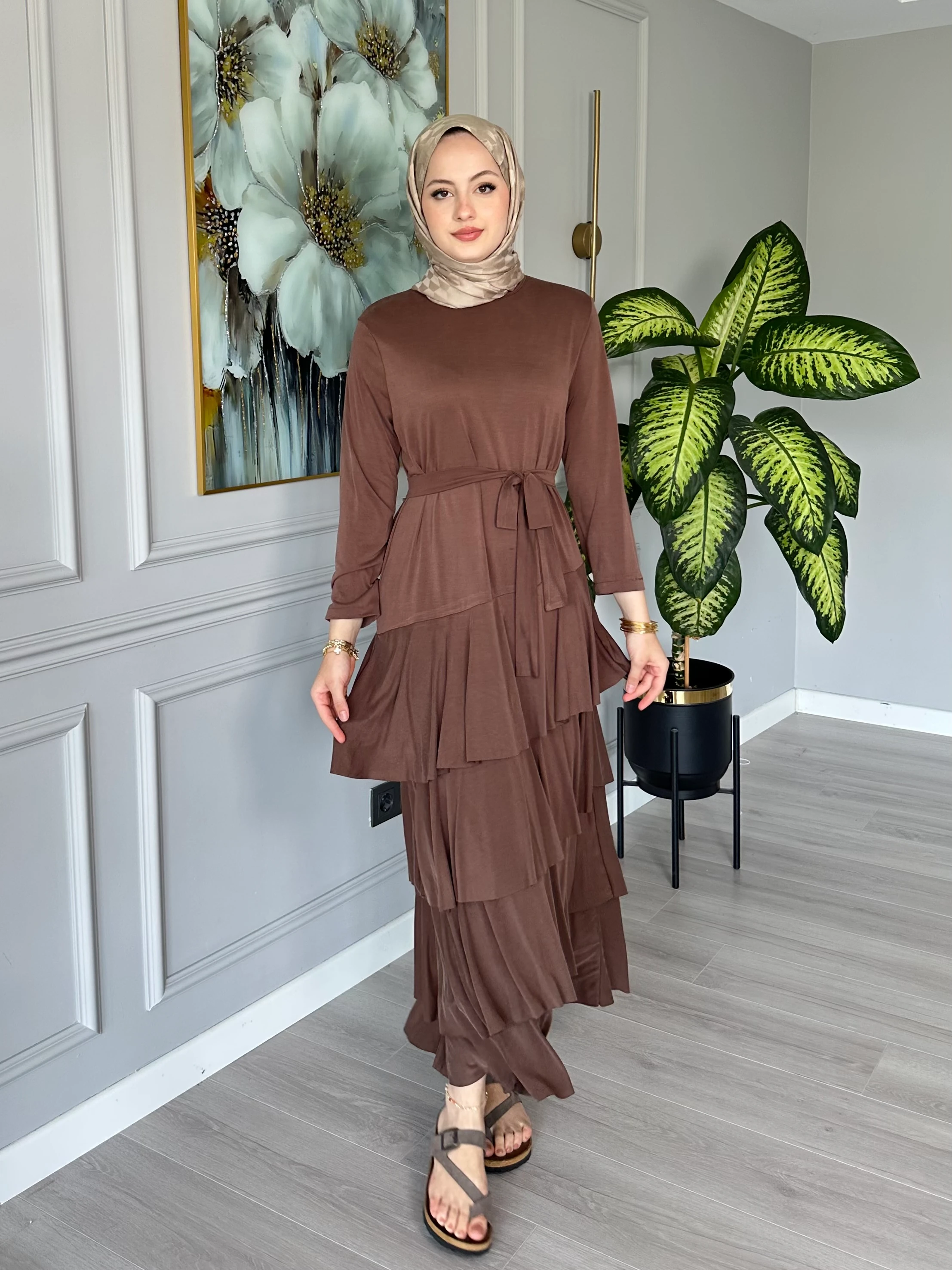 Seyyar Kemerli Oysho Kumaş Katlı Elbise - Kahverengi