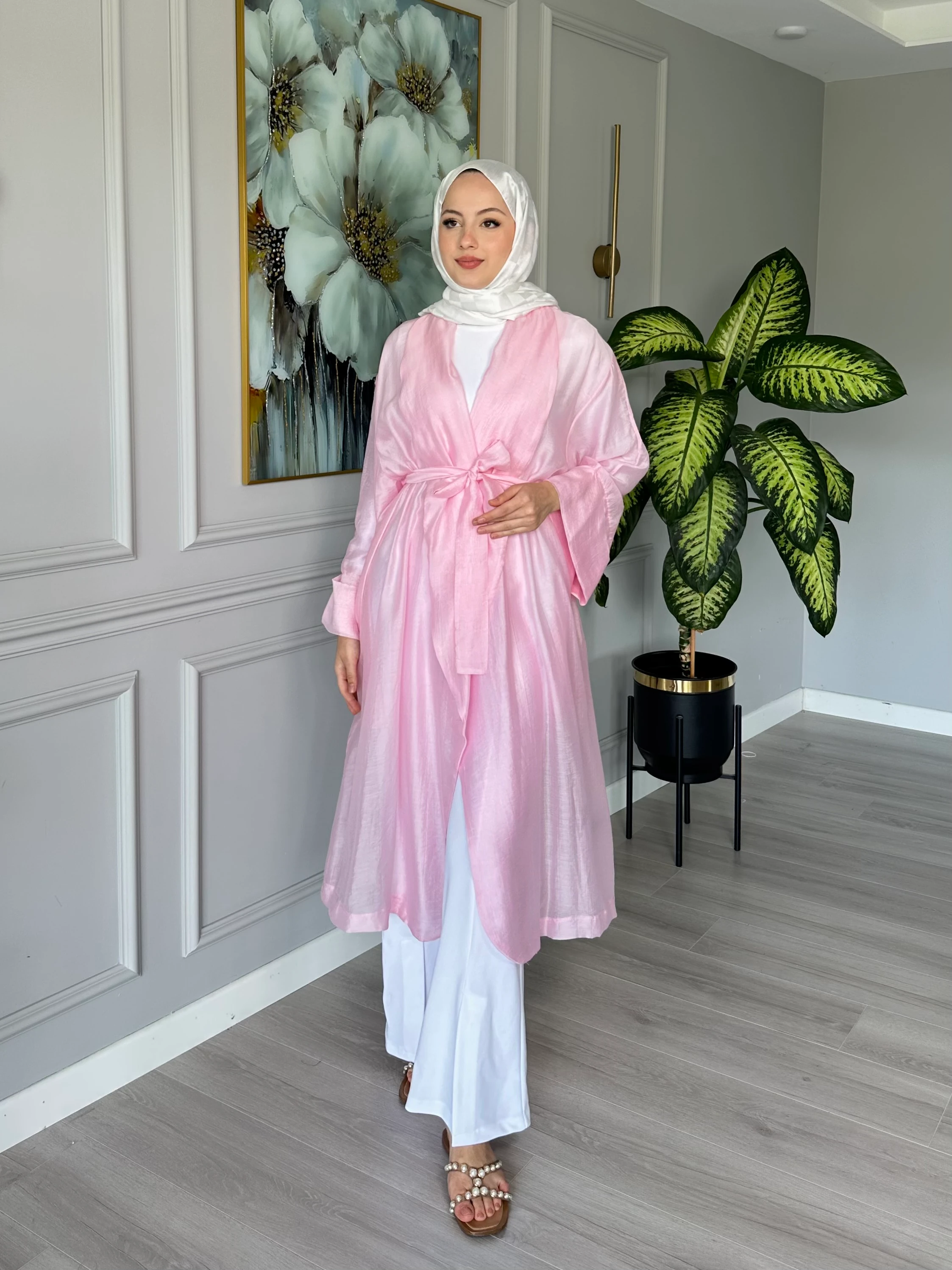 Seyyar Kemerli Pamuk Vual Kimono - Pembe
